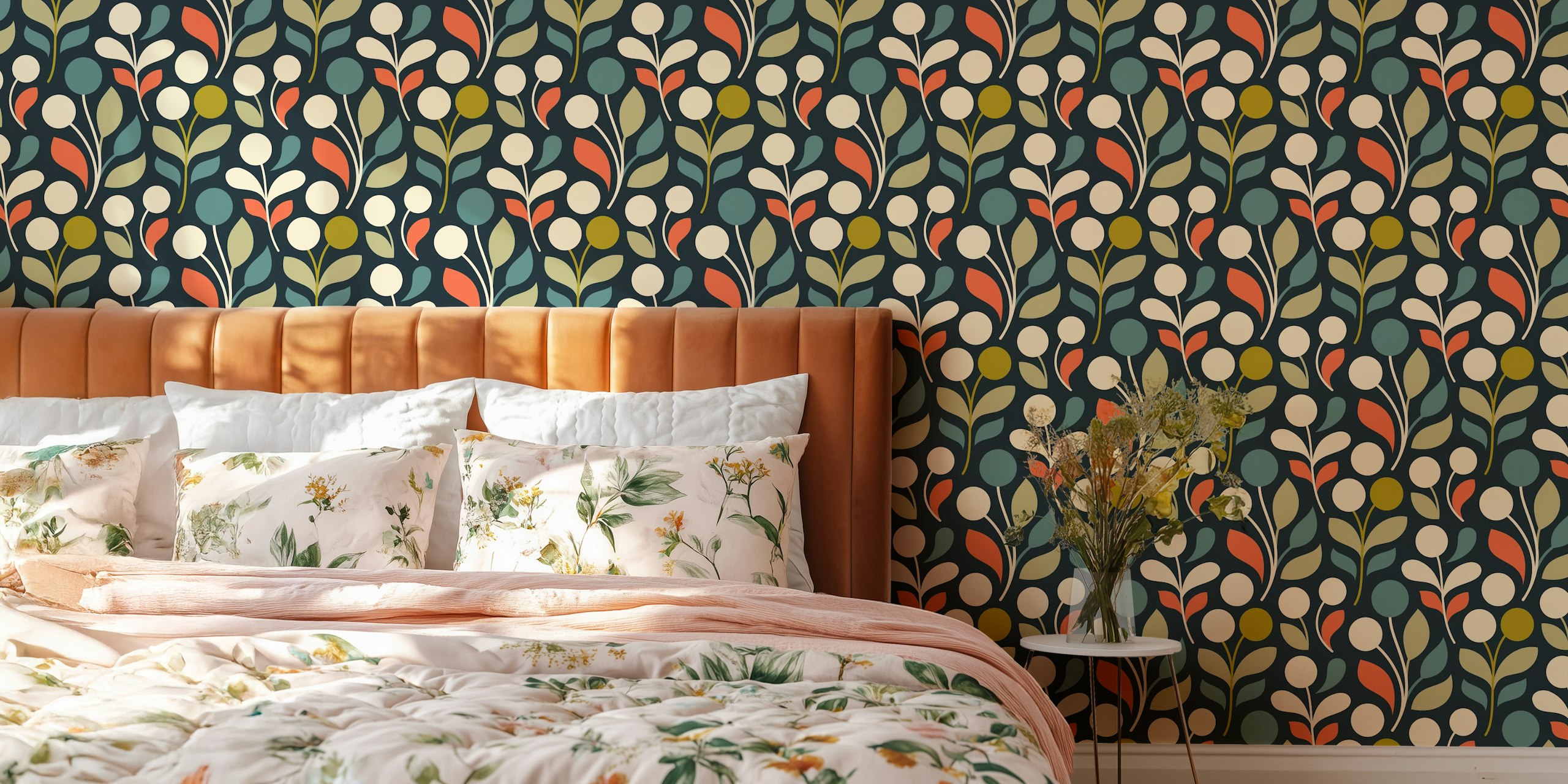 Colorful floral pattern with leaves and round shapes in autumn colors wallpaper.