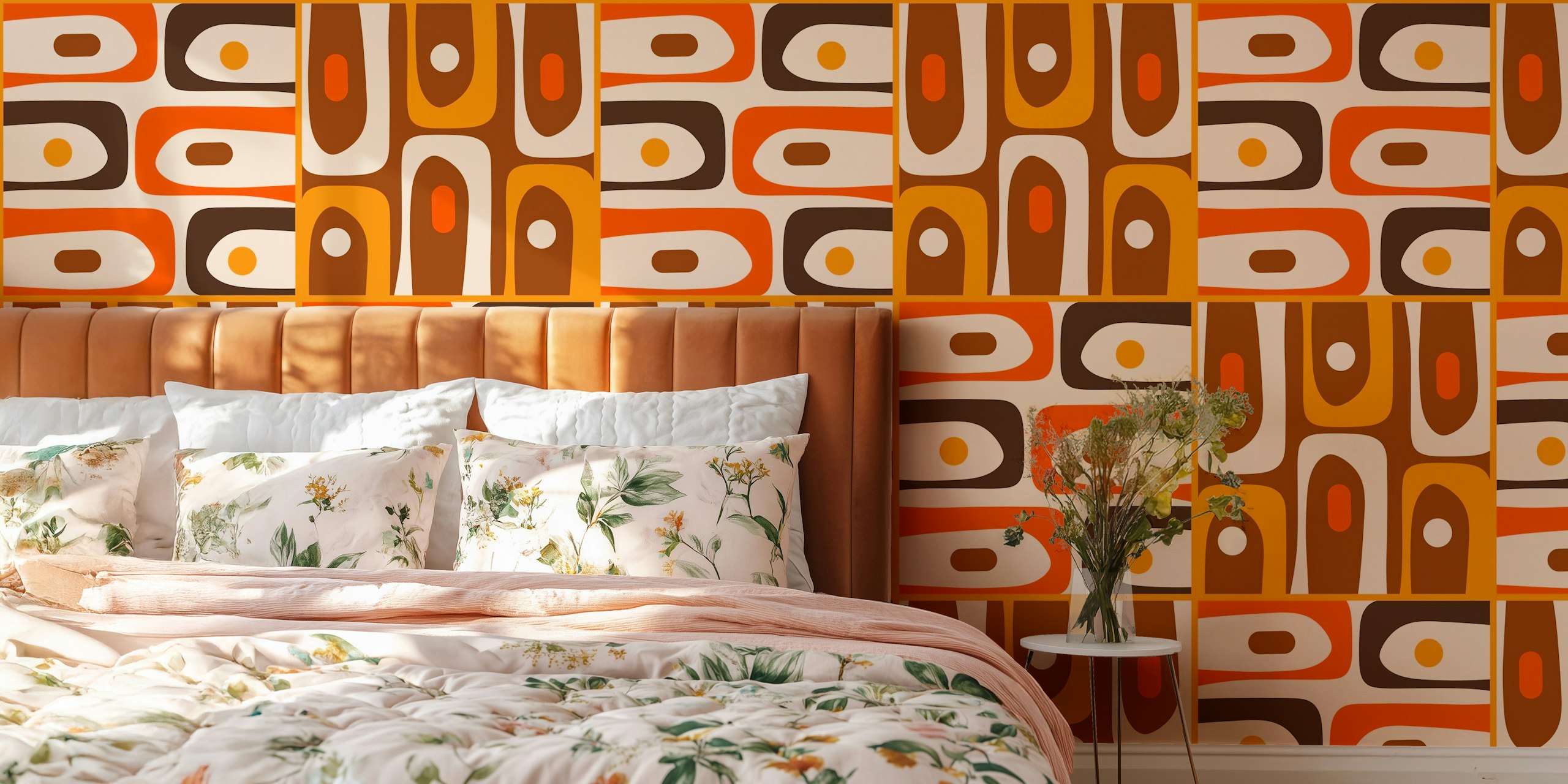 Papel de parede Mid Century Modern Retro 70s Orange na sala