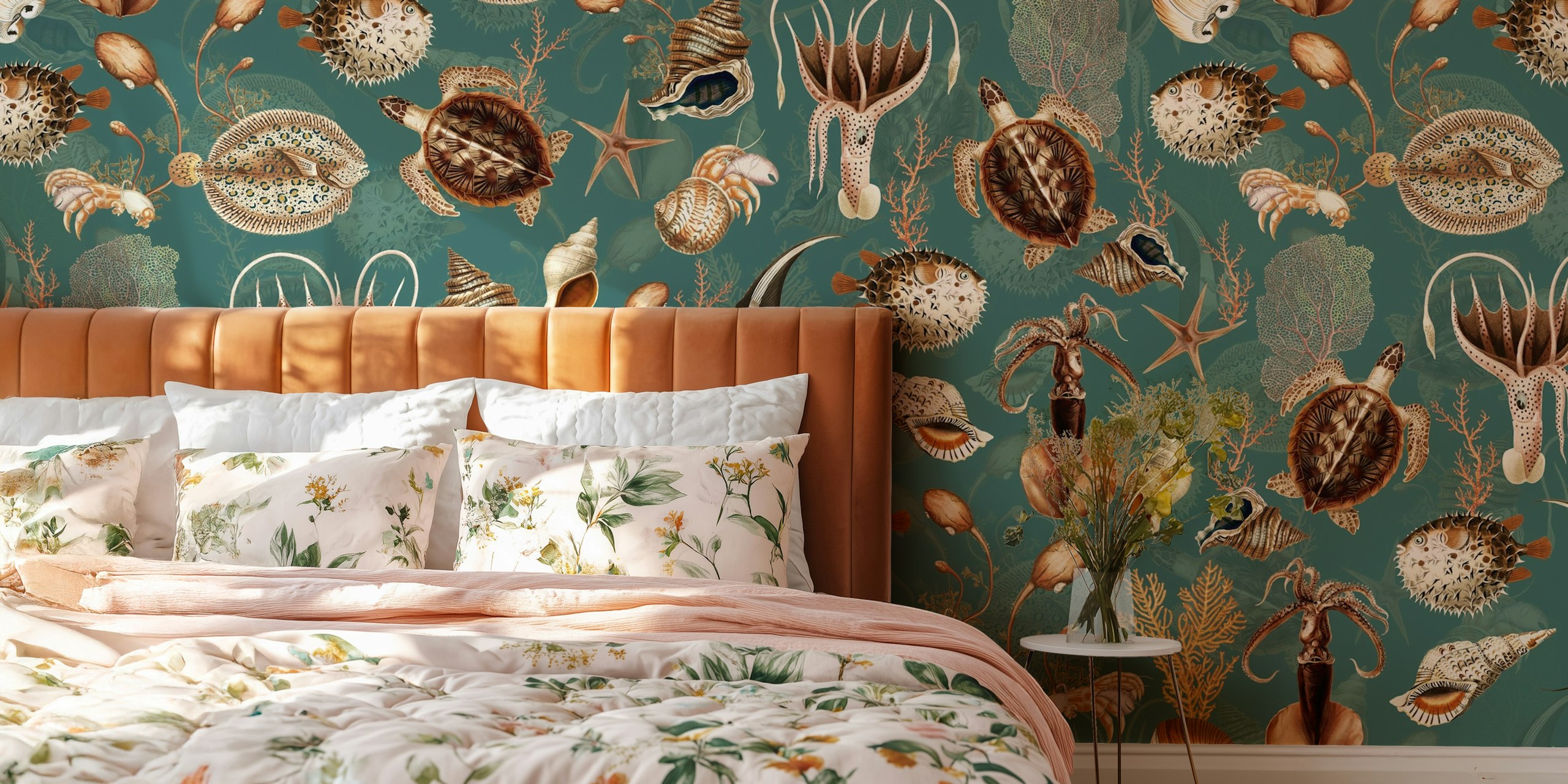 Marine life and seashells on turquoise background wallpaper