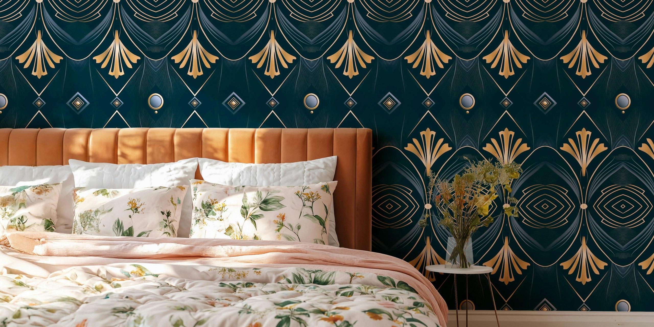 Art Deco Chic Blue Gold Symmetry tapettisuunnittelu