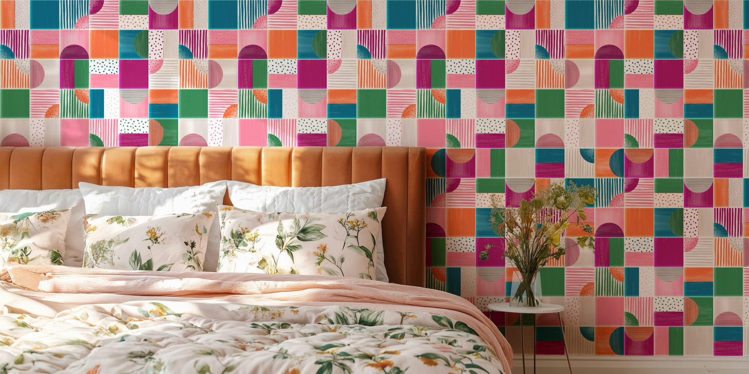 Colorful geometric tiles in pink, teal, and orange wallpaper