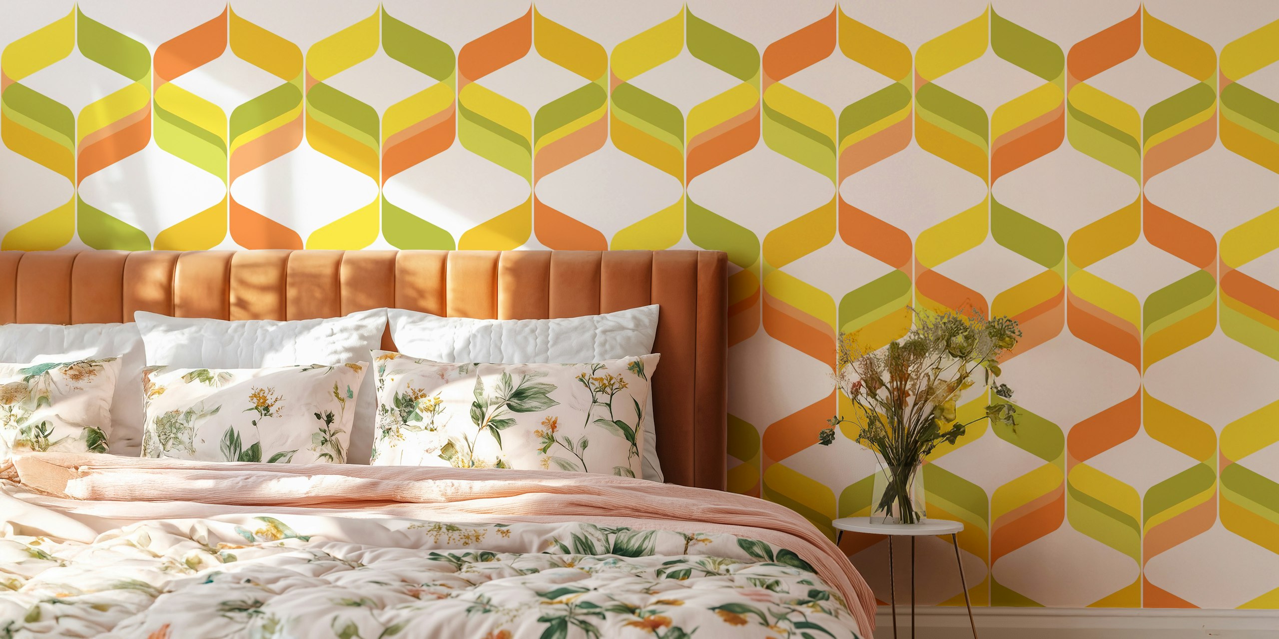 Geometric patterns in yellow, orange, and green tones wallpaper