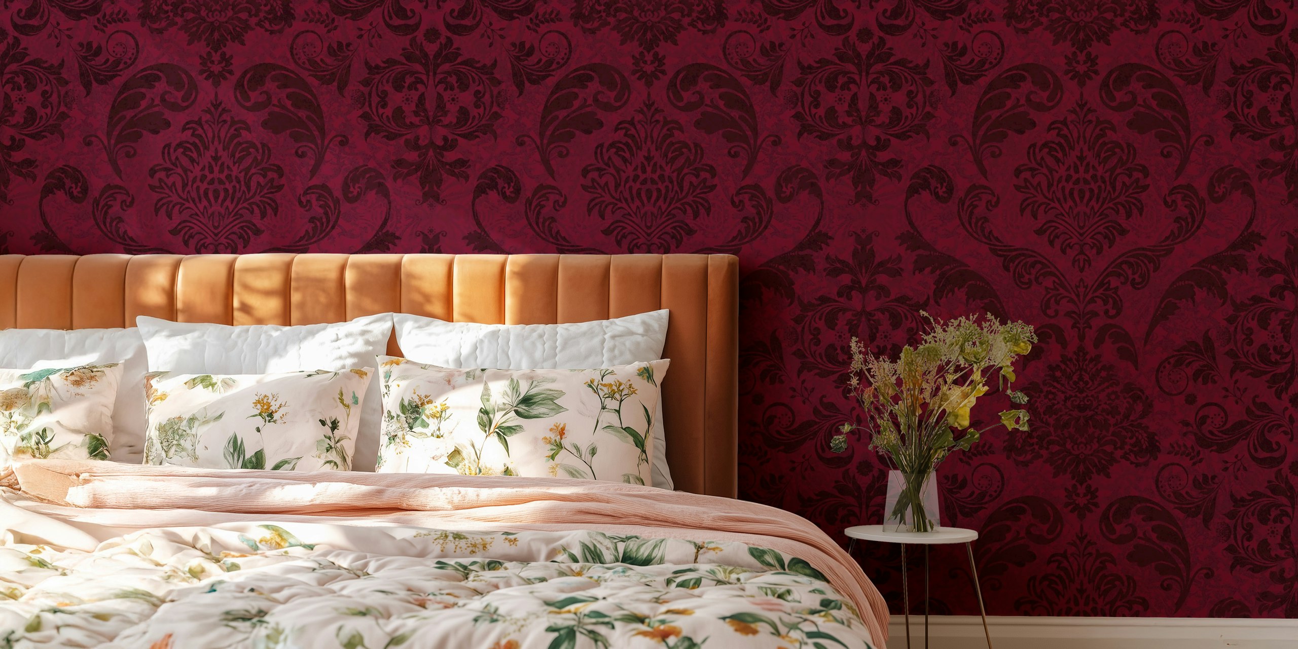 Burgundy crimson damask wallpaper