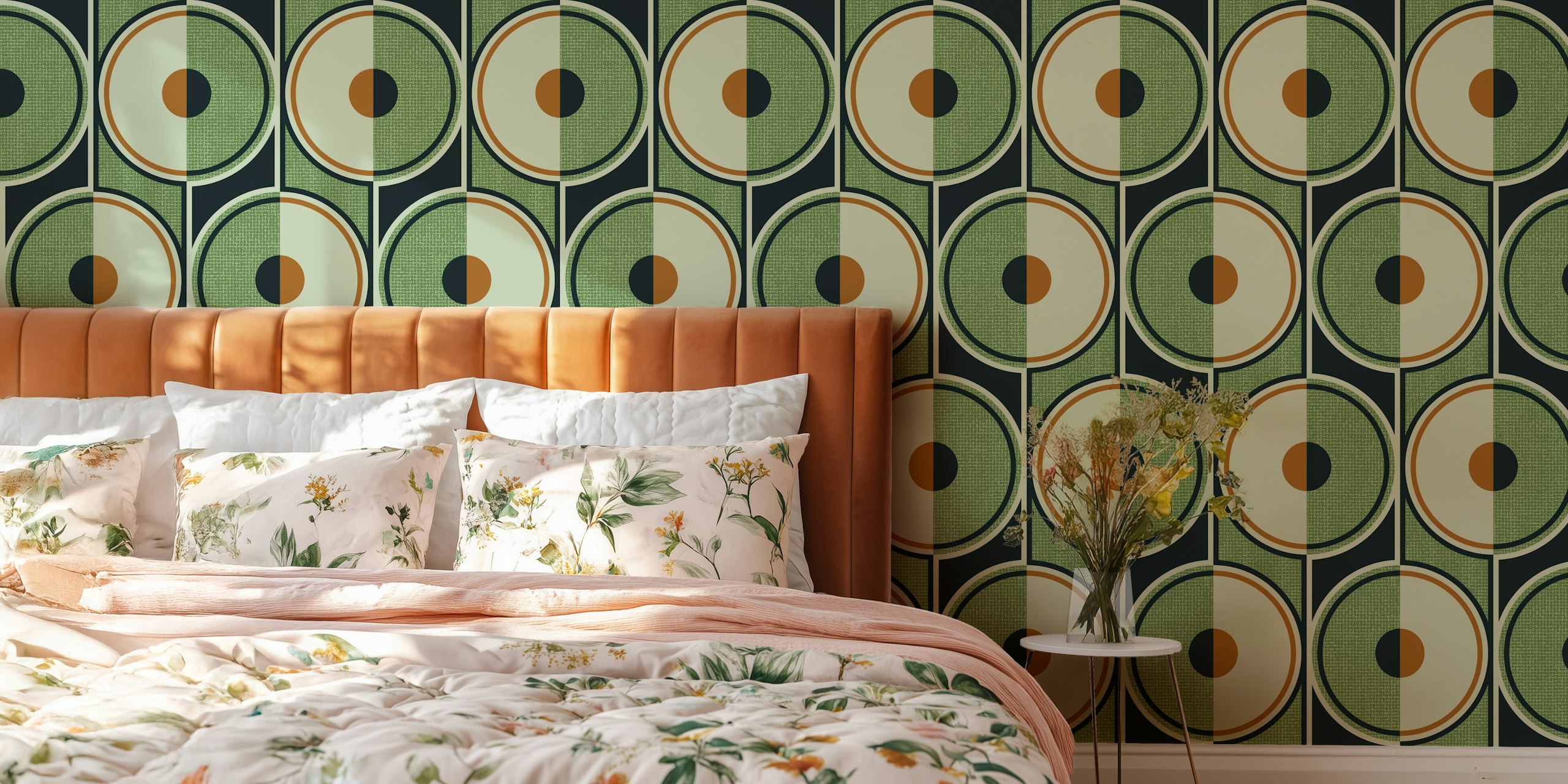 Small Retro Circles green papel de parede em um quarto