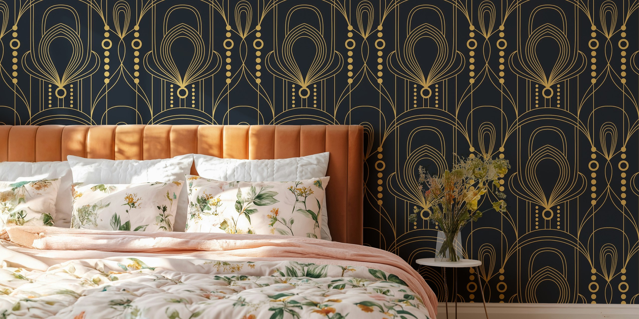 Art Deco Lines Black and Gold wallpaper in a room