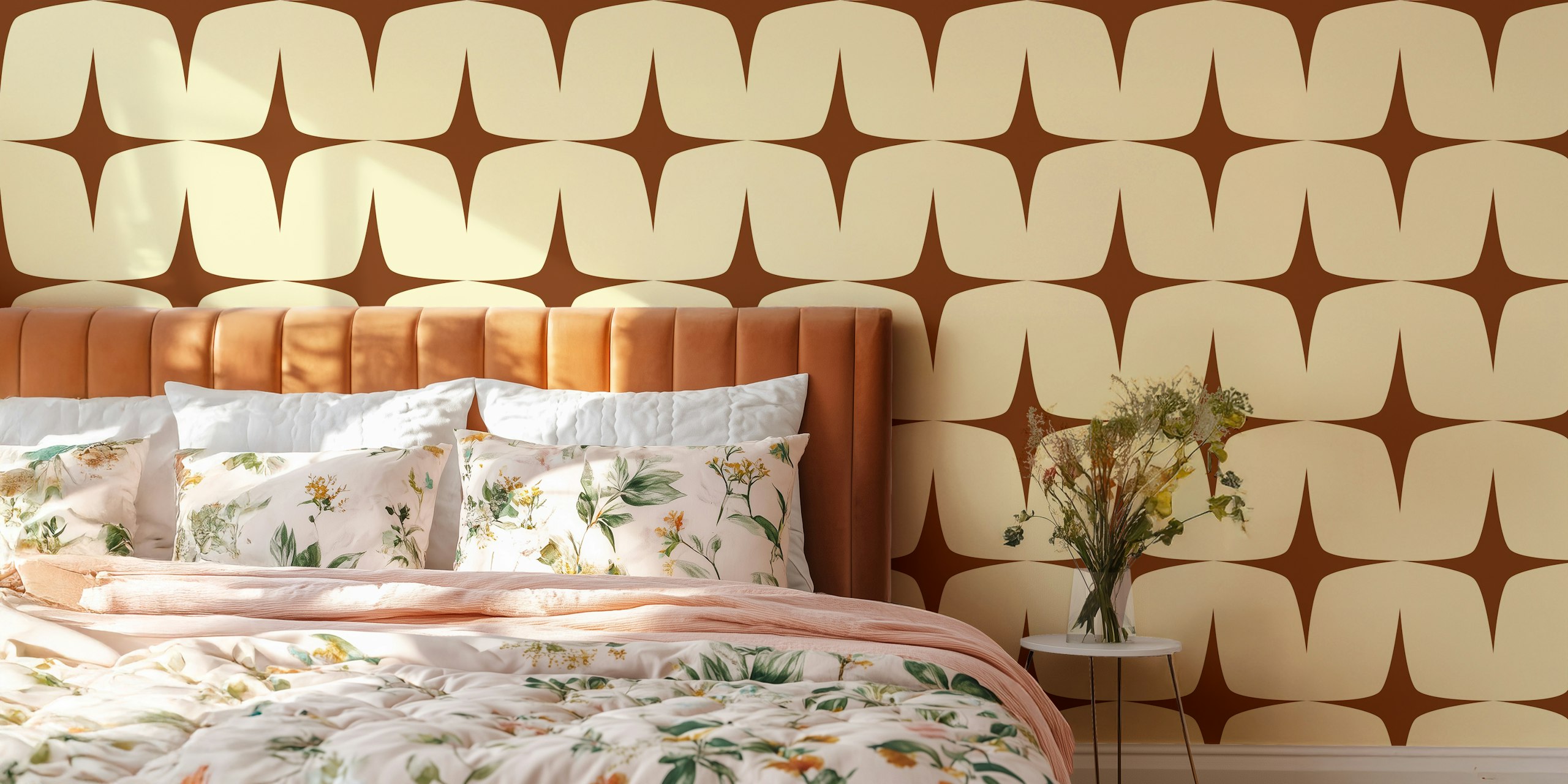 Mid century geometric starburst pattern in burnt umber and ivory wallpaper