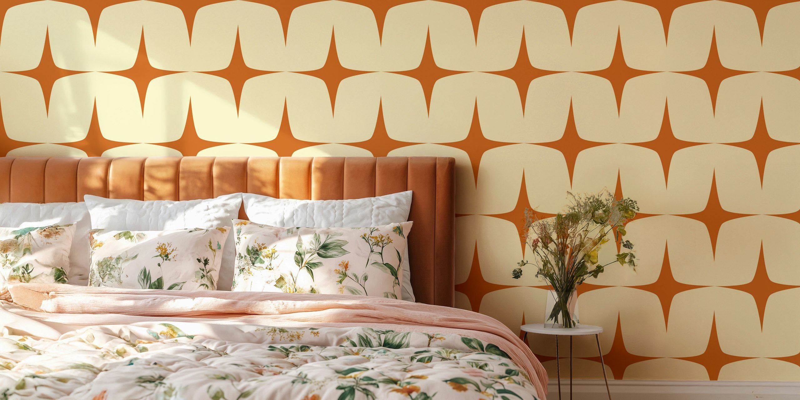 Papel de parede Starburst Bronze Ivory mid-century em um quarto