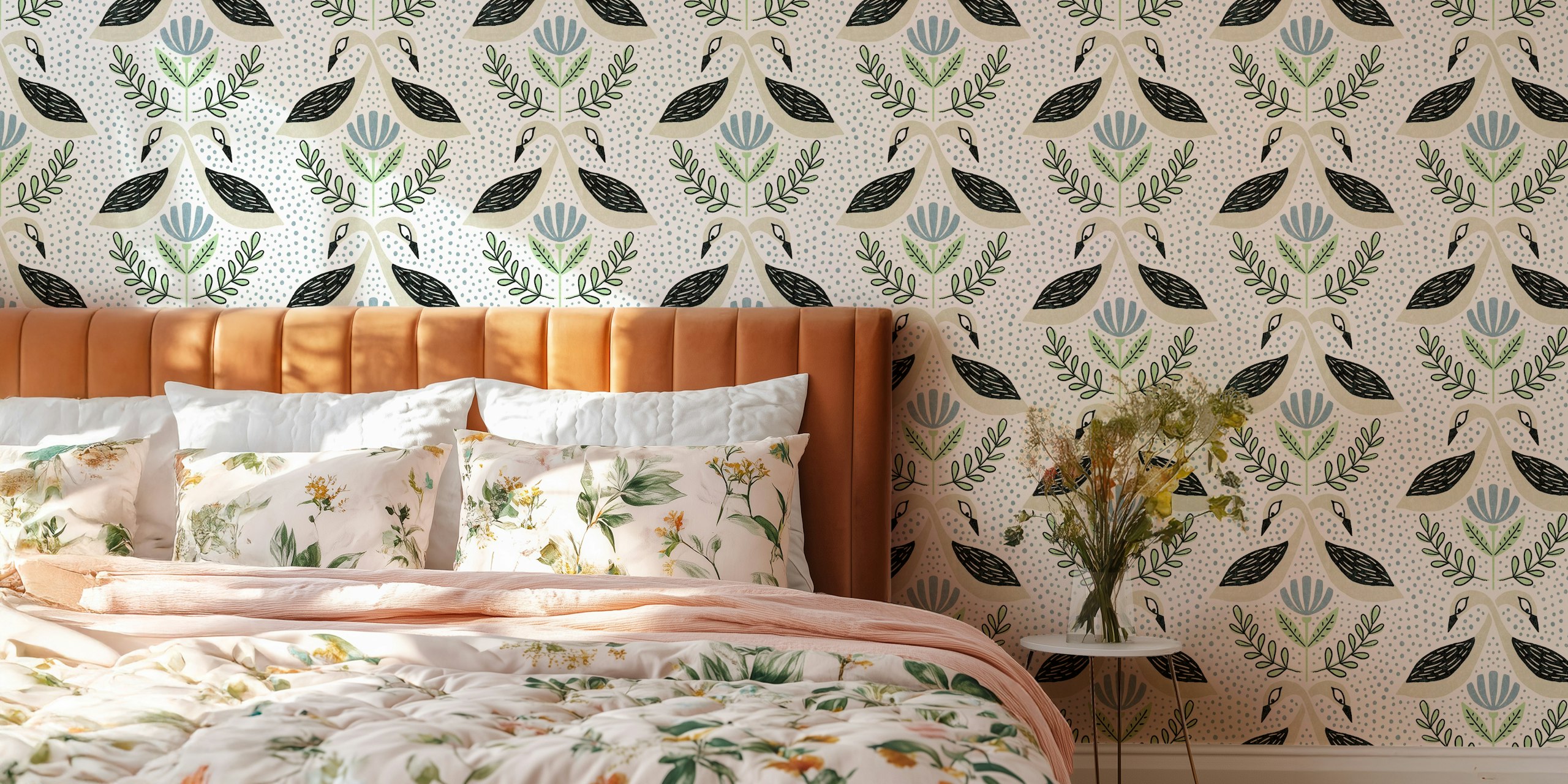 Floral pattern with birds in blue and beige colors wallpaper