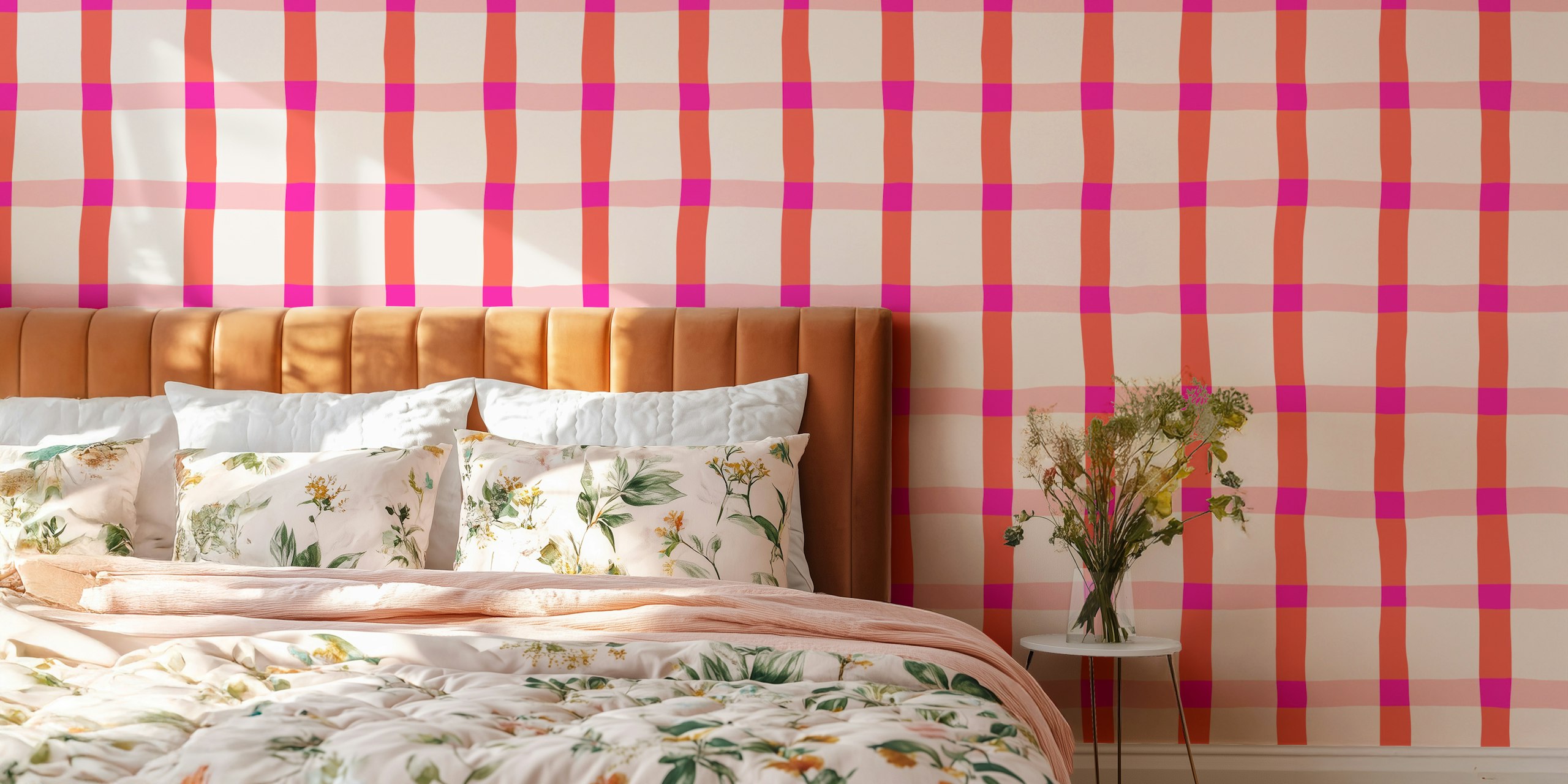Pink and coral plaid pattern wallpaper