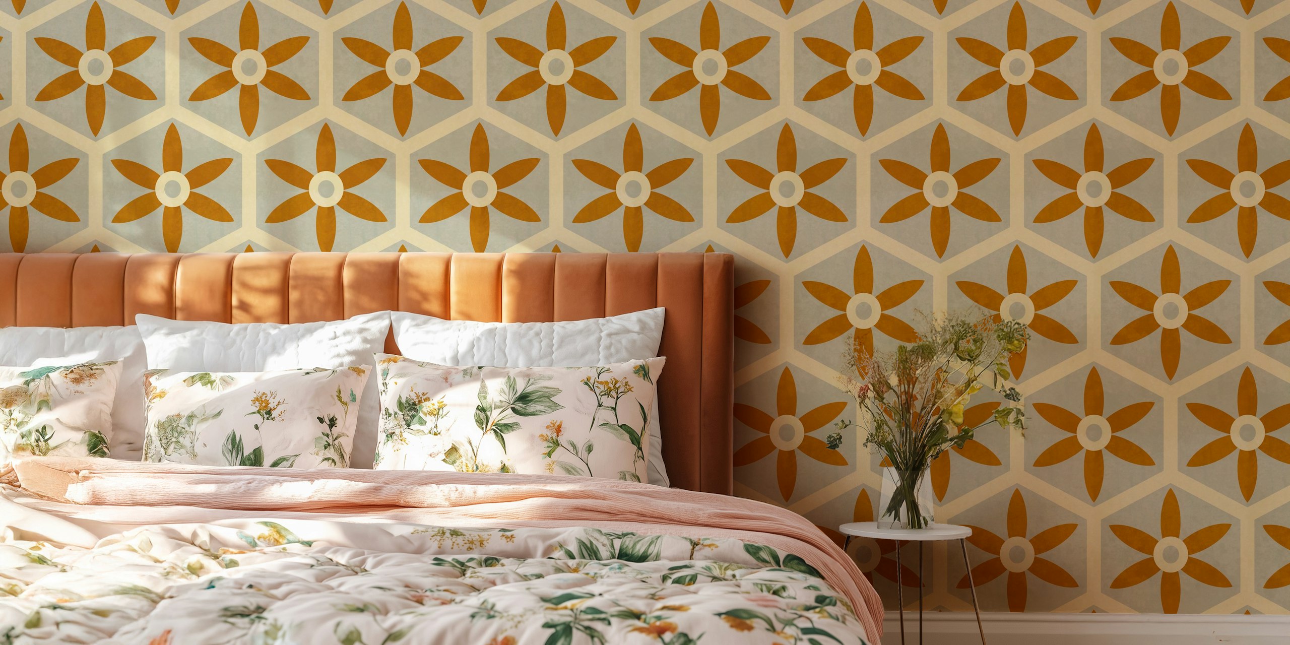 Rustic Floral Hexagon tapet i ett rum