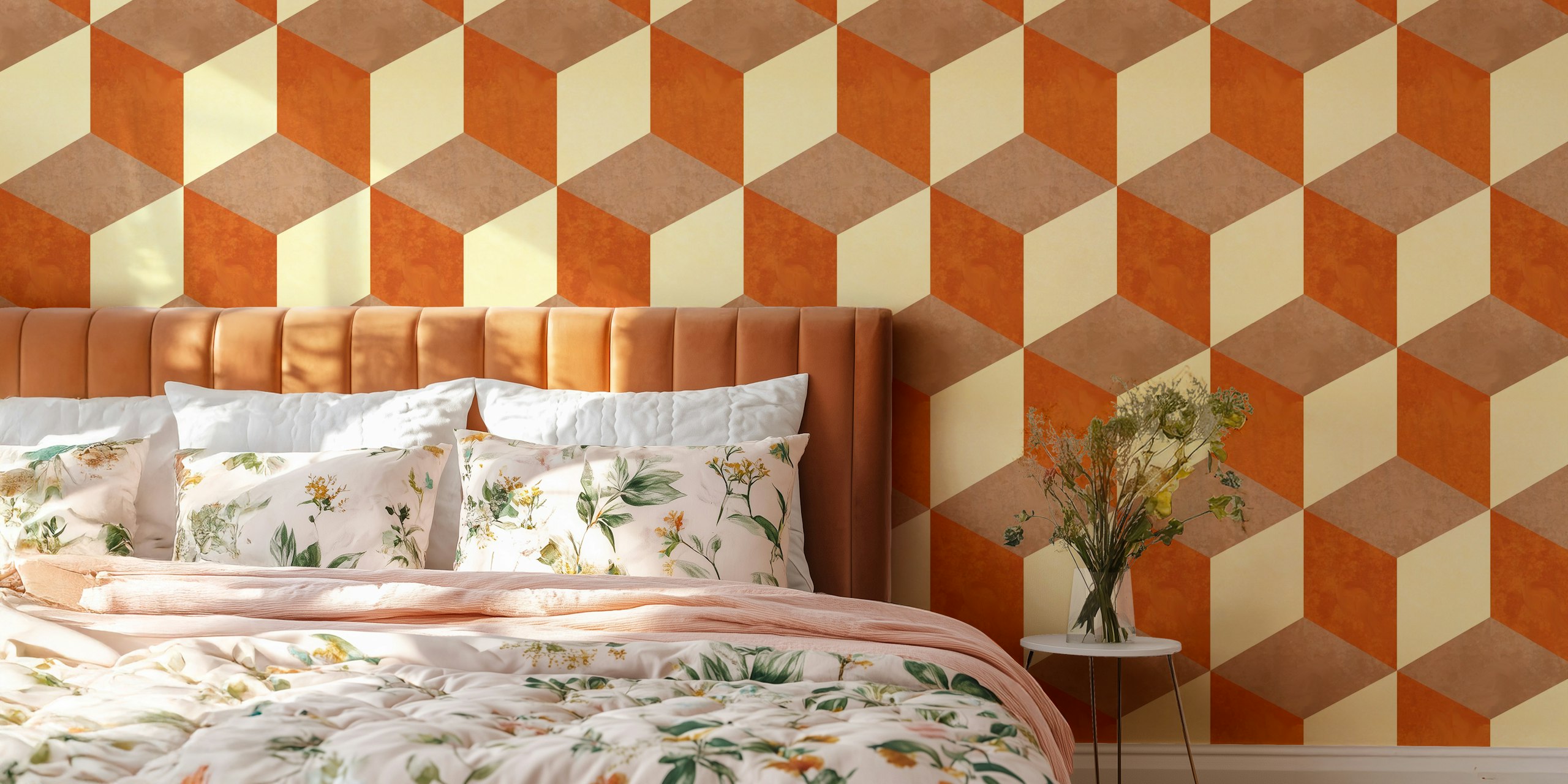 Geometric pattern of copper and beige shapes wallpaper