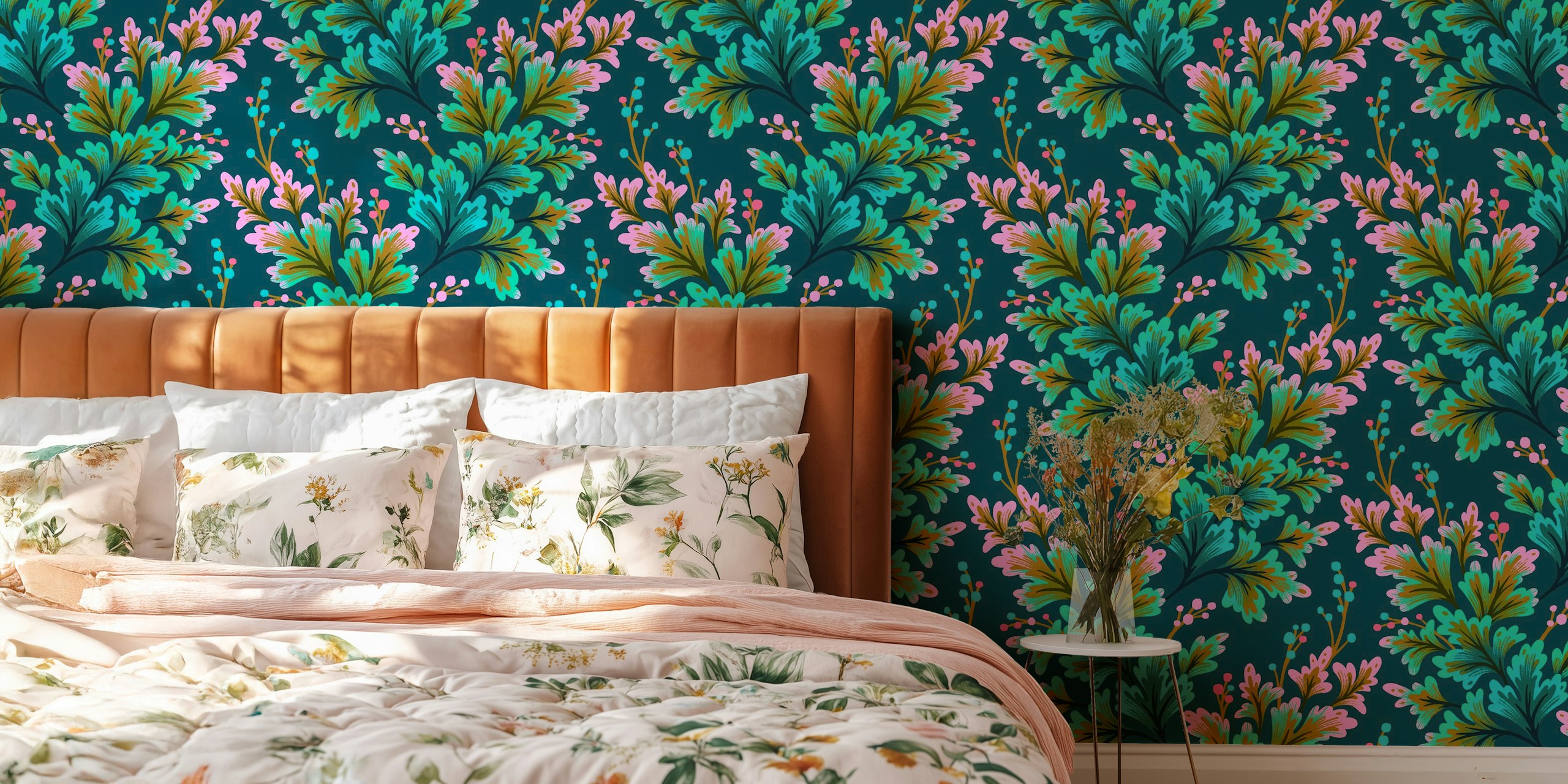 Frilled Foliage - Emerald Green / Pink behang in een moderne kamer