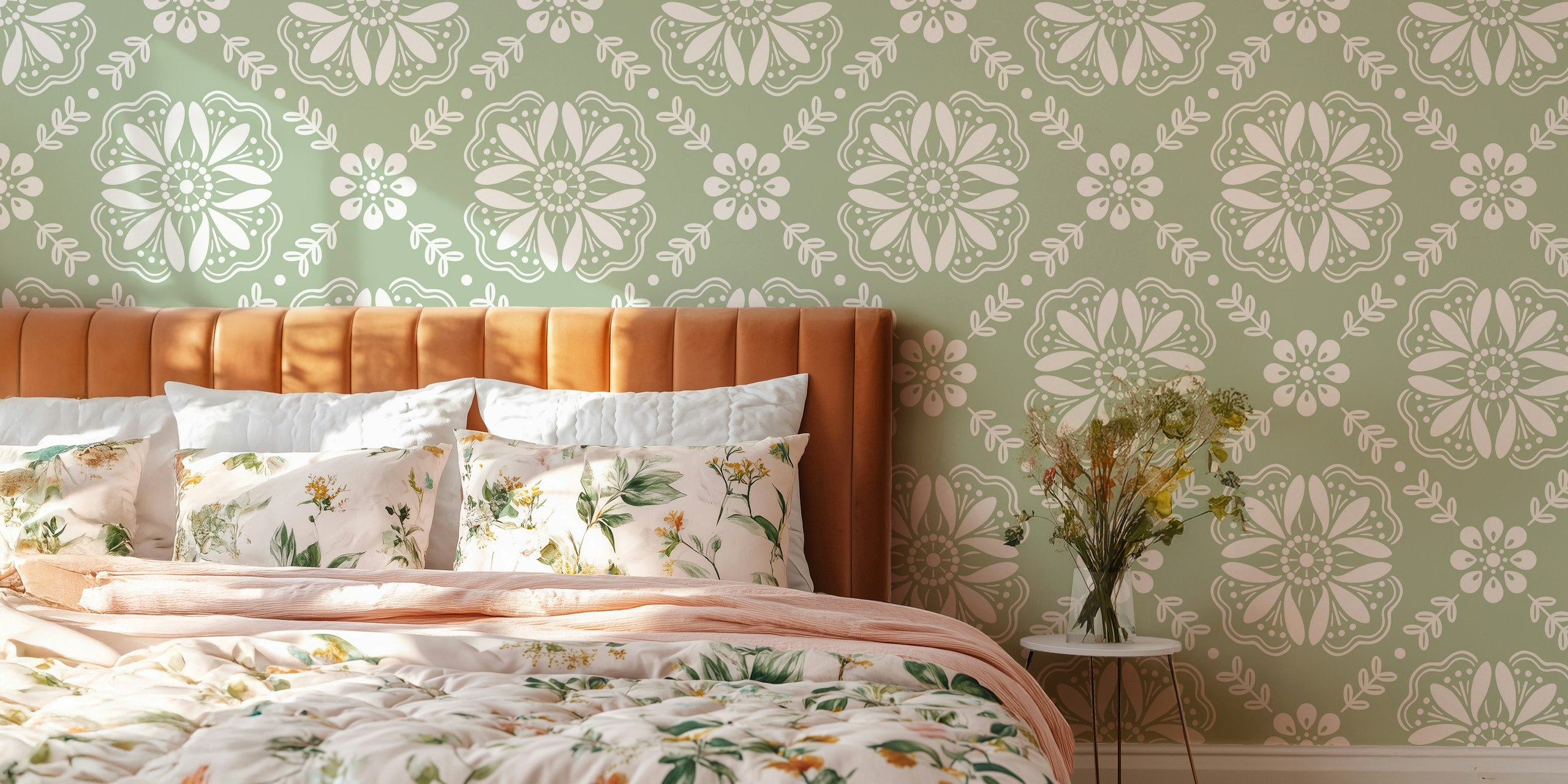 Sage green floral tile wallpaper featuring white patterns