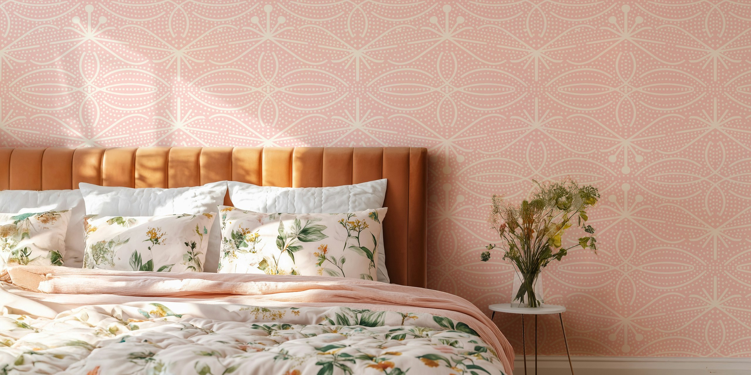 Bohemian Chic Leaves Pink wallpaper in a room
