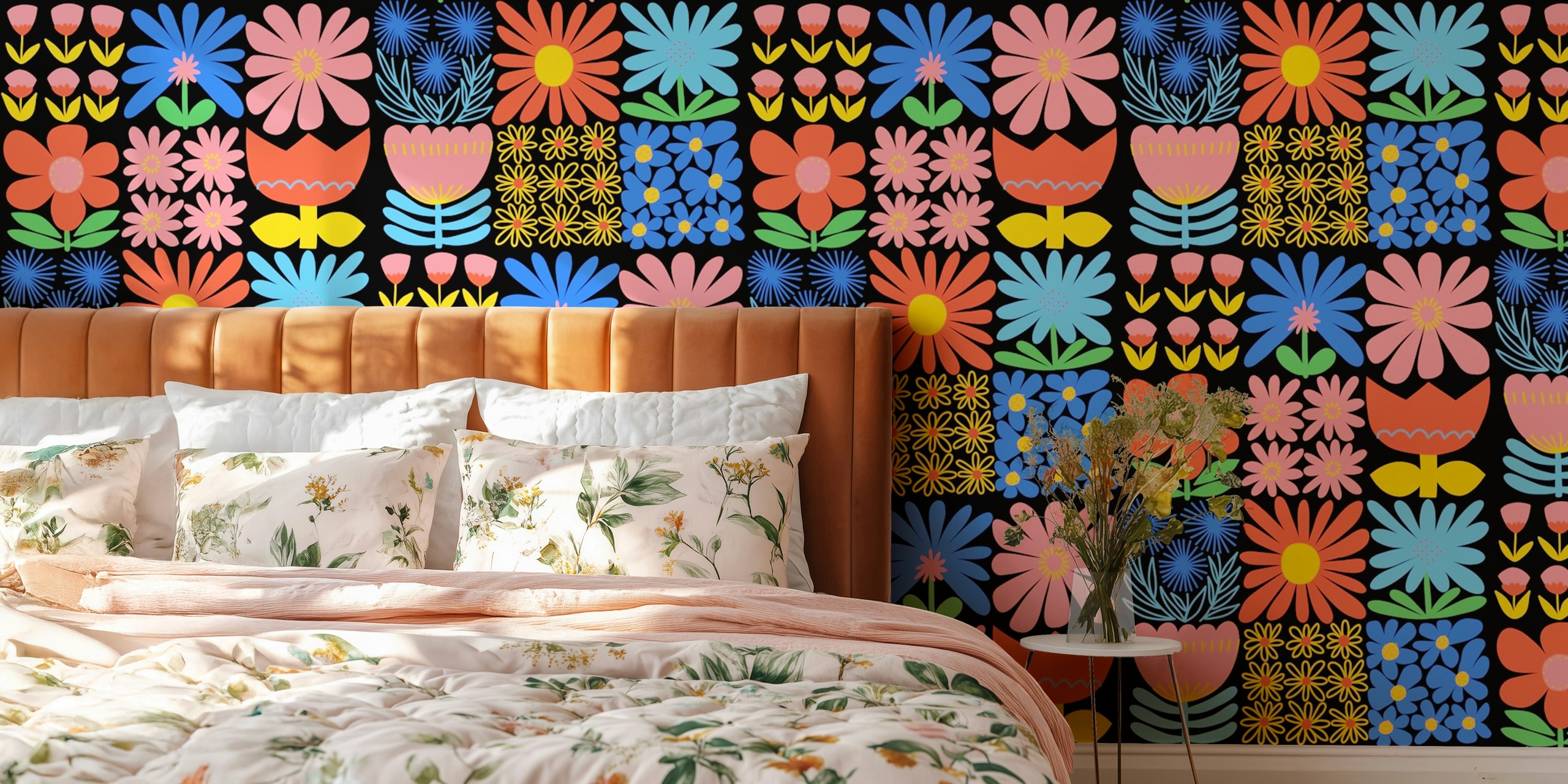 Modern floral wallpaper pattern in colorful squares