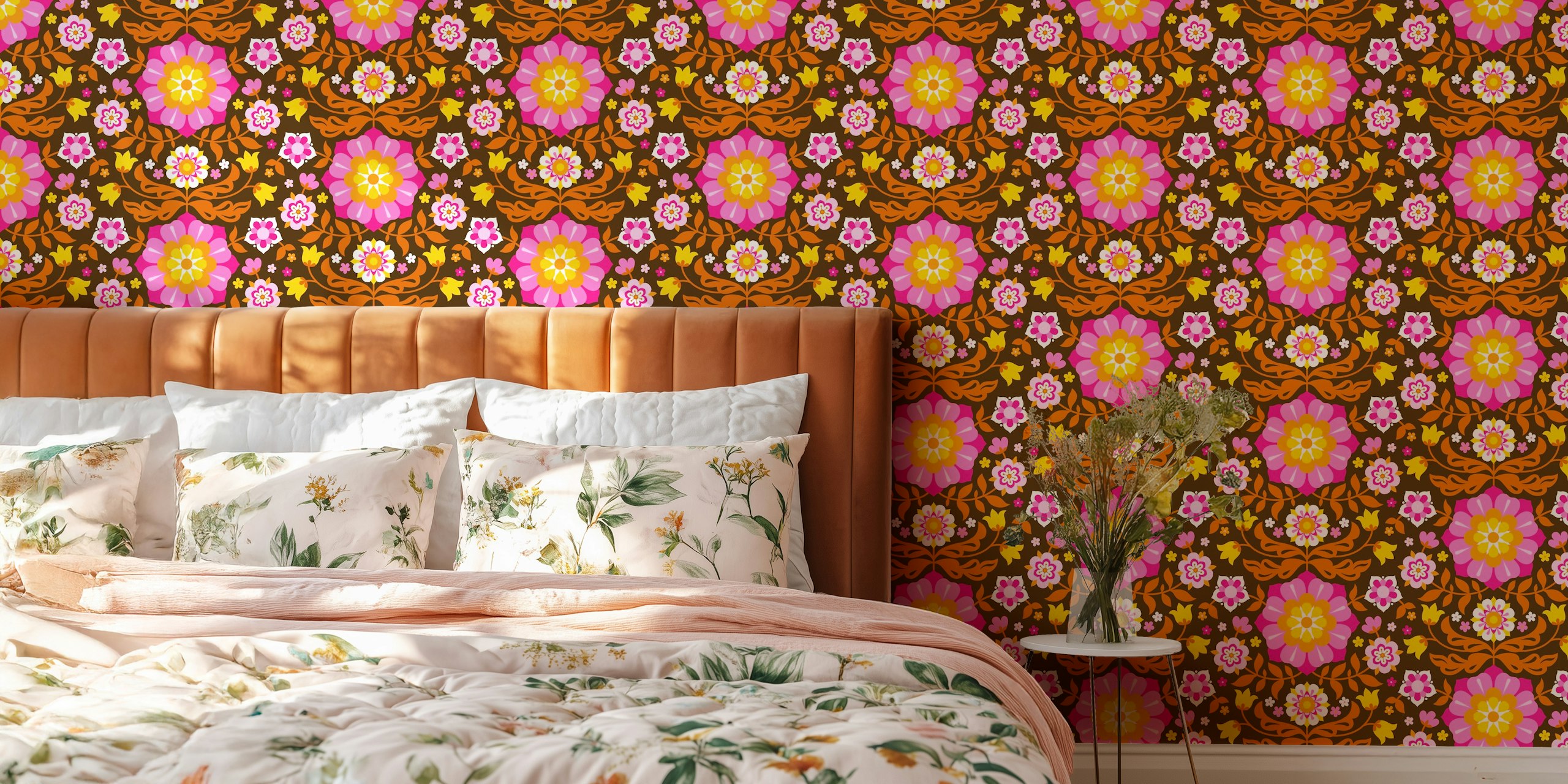 Floral patterned brown wallpaper