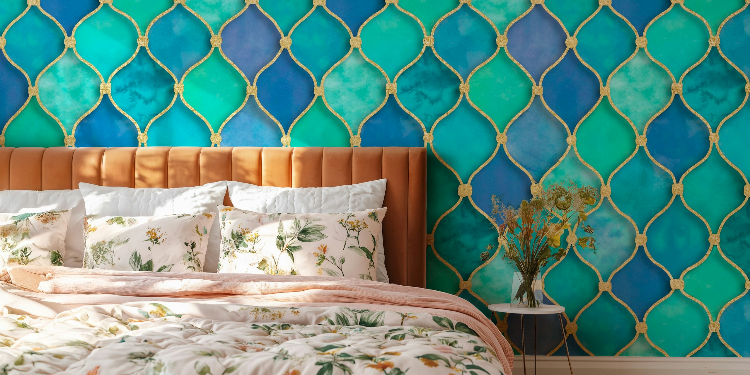 Turquoise Moroccan tile patterned wallpaper