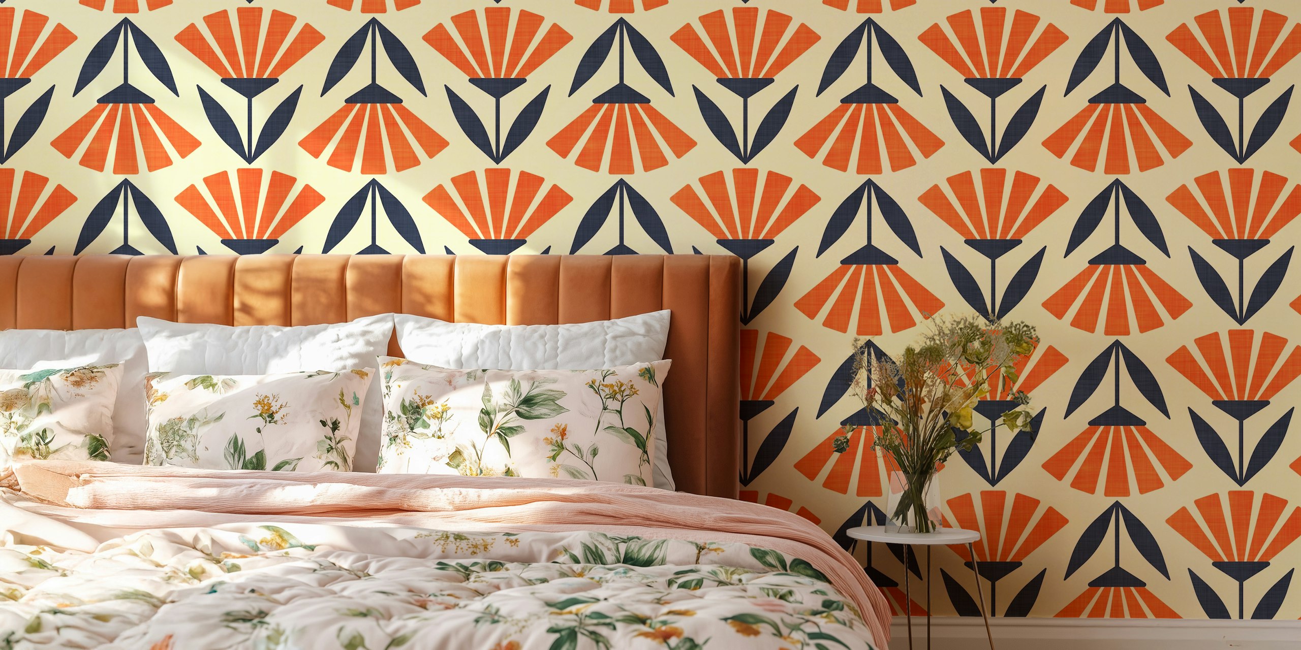 Geometric floral pattern in cream, orange, and navy wallpaper