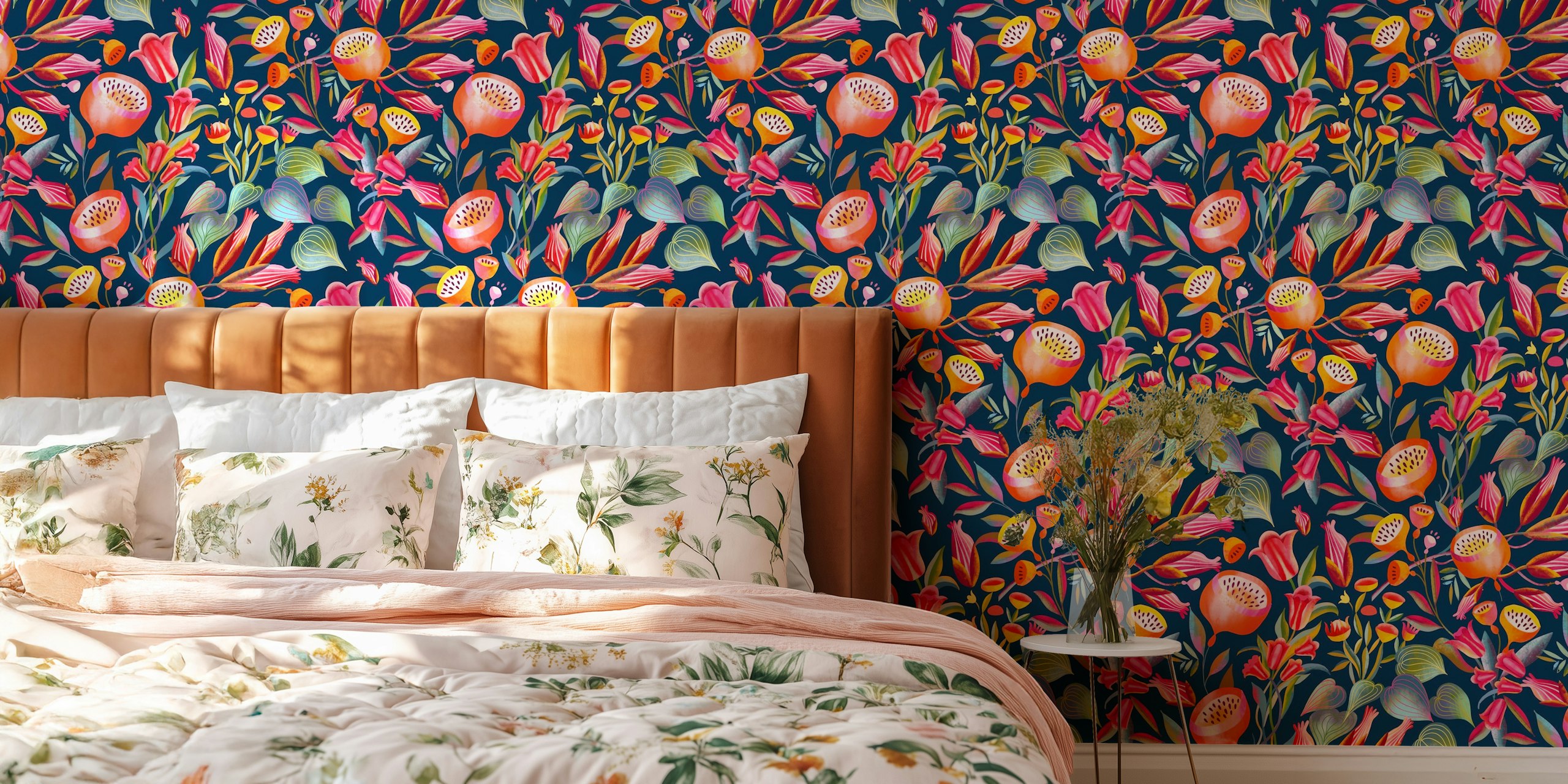 Colorful flowers on dark blue background floral wallpaper
