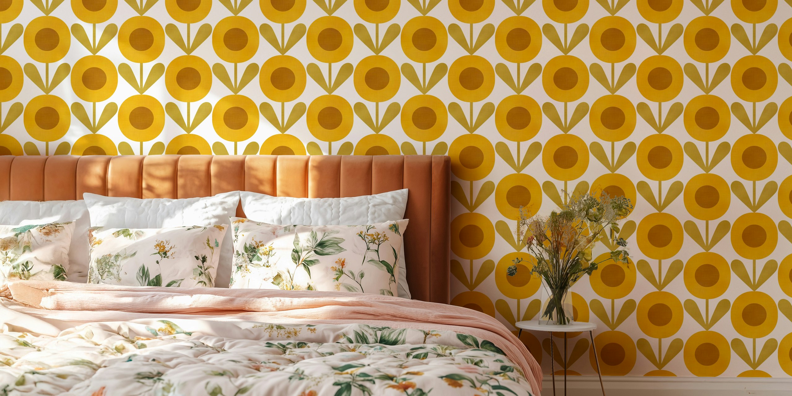 Yellow floral geometric shapes wallpaper