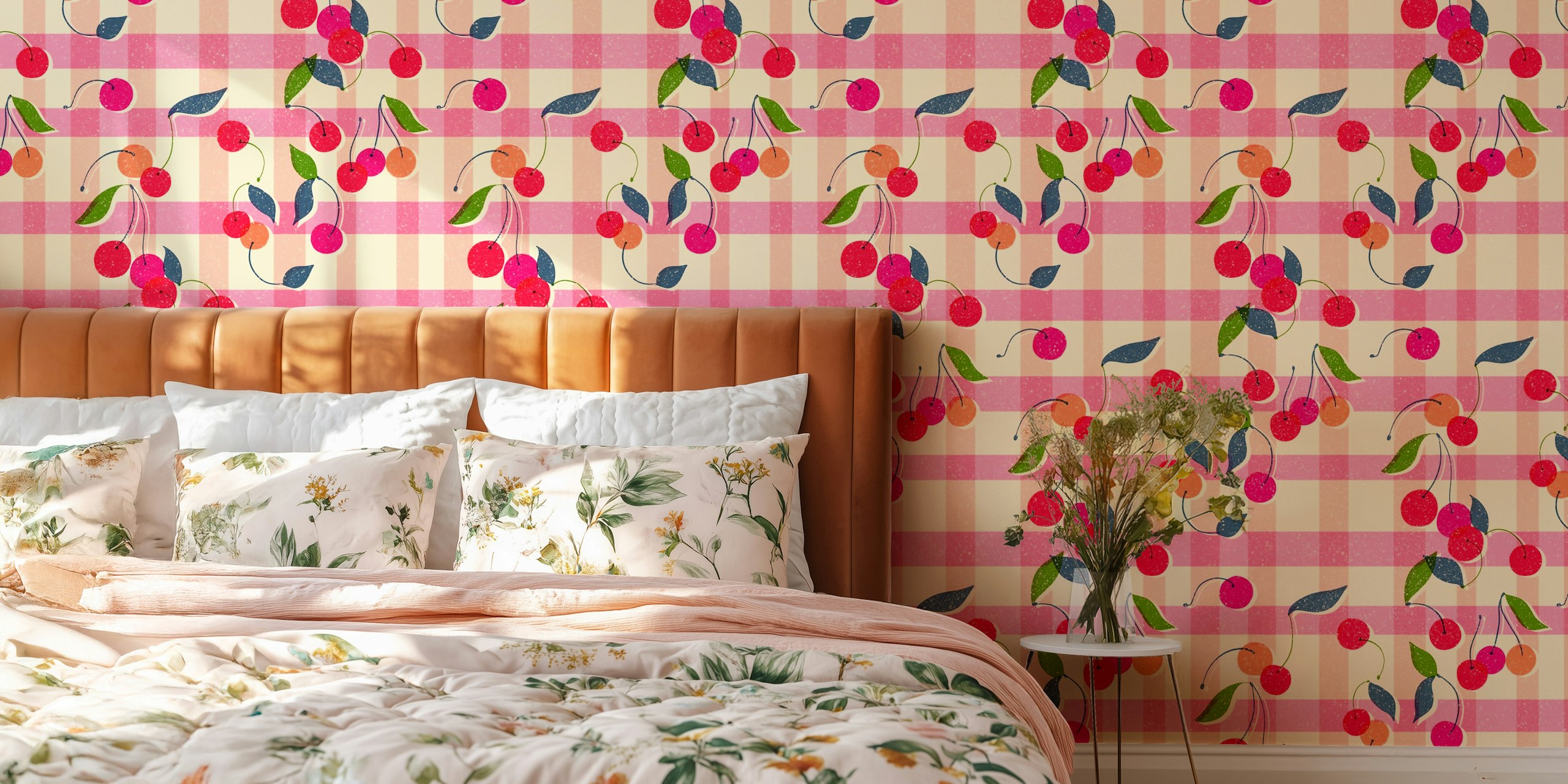 Cherry gingham pink tapet i et rom
