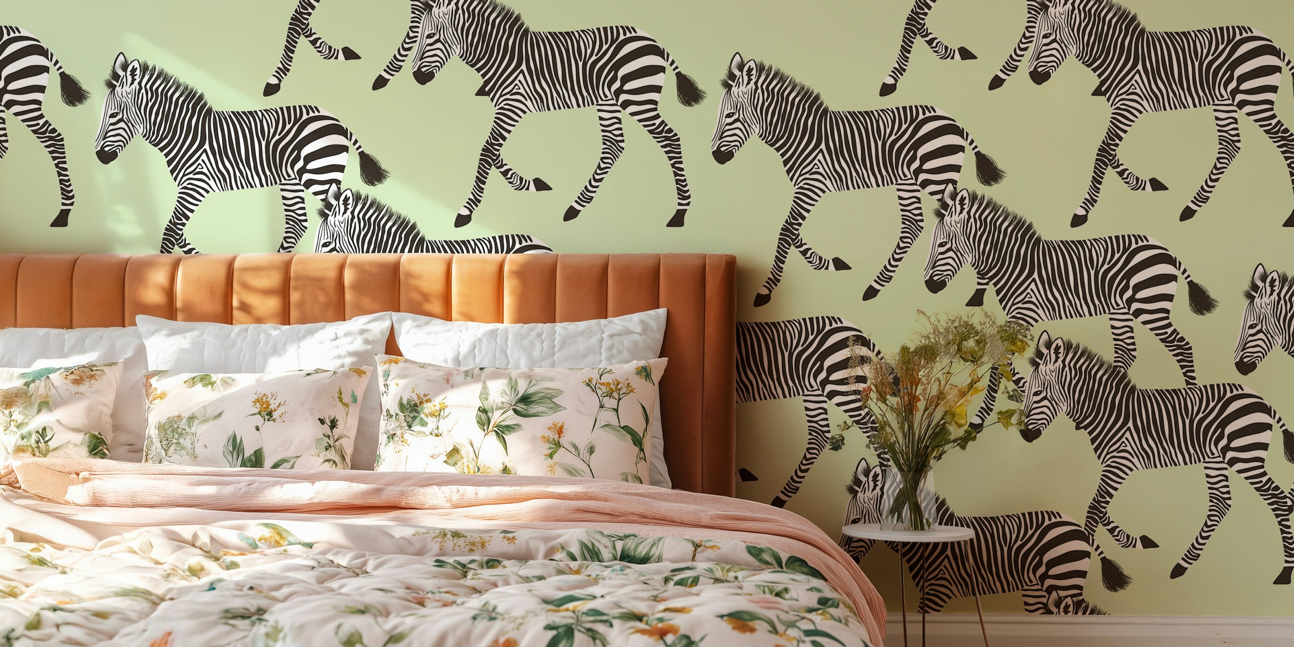 Zebra pattern on pastel green background wallpaper