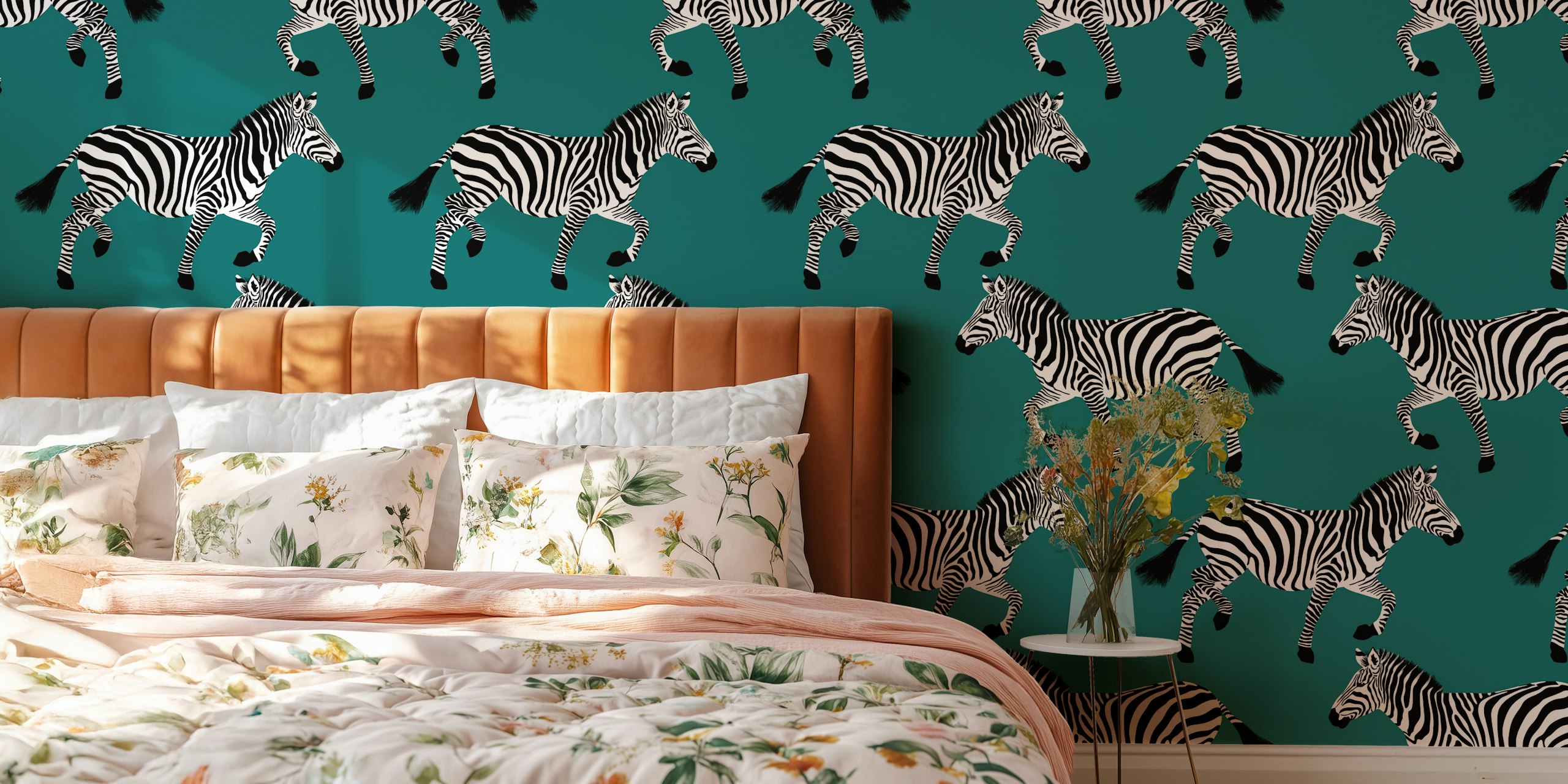 Black and white zebras on teal background wallpaper