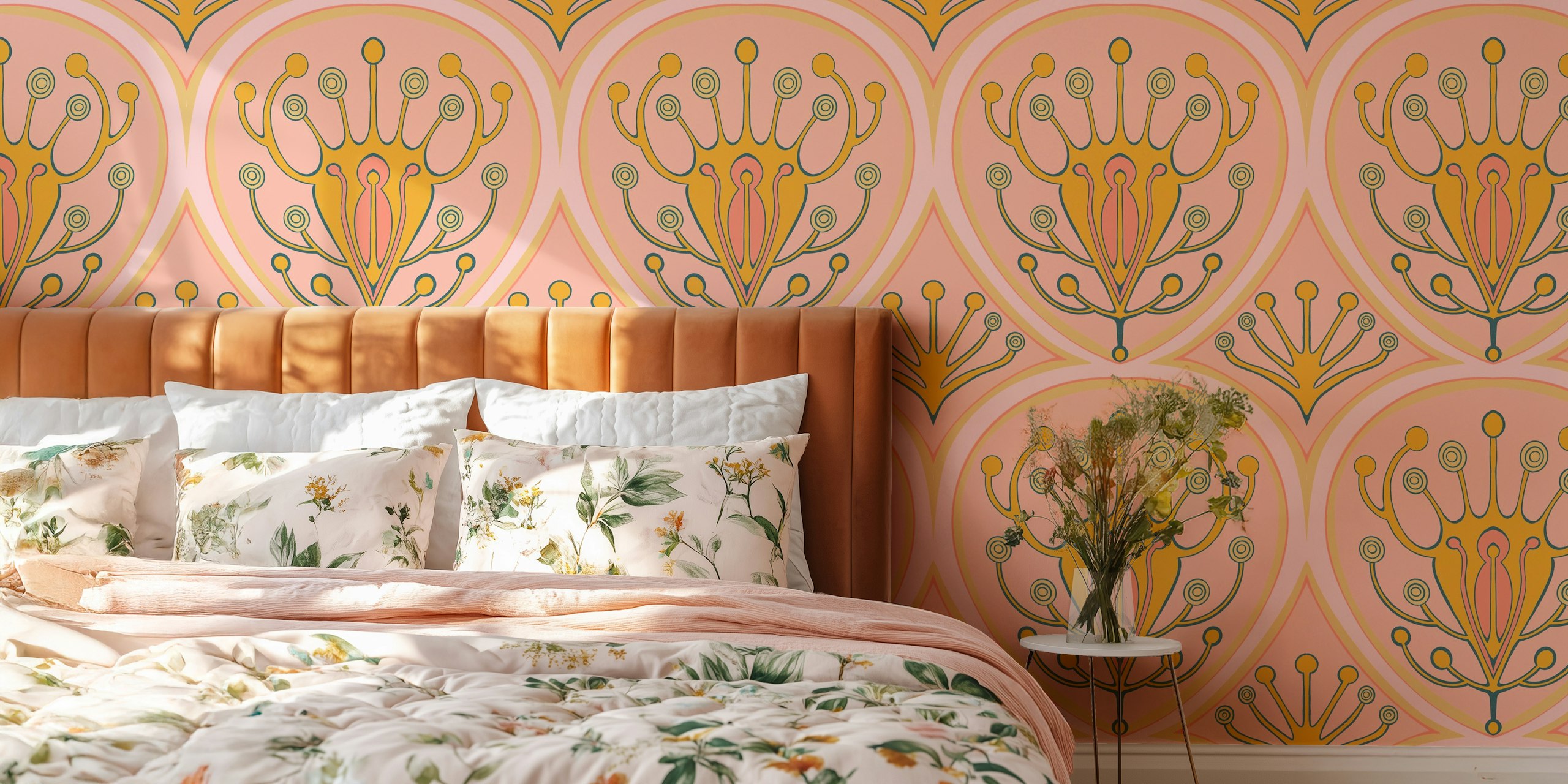 Art Deco Floral Twist behang in een kamer