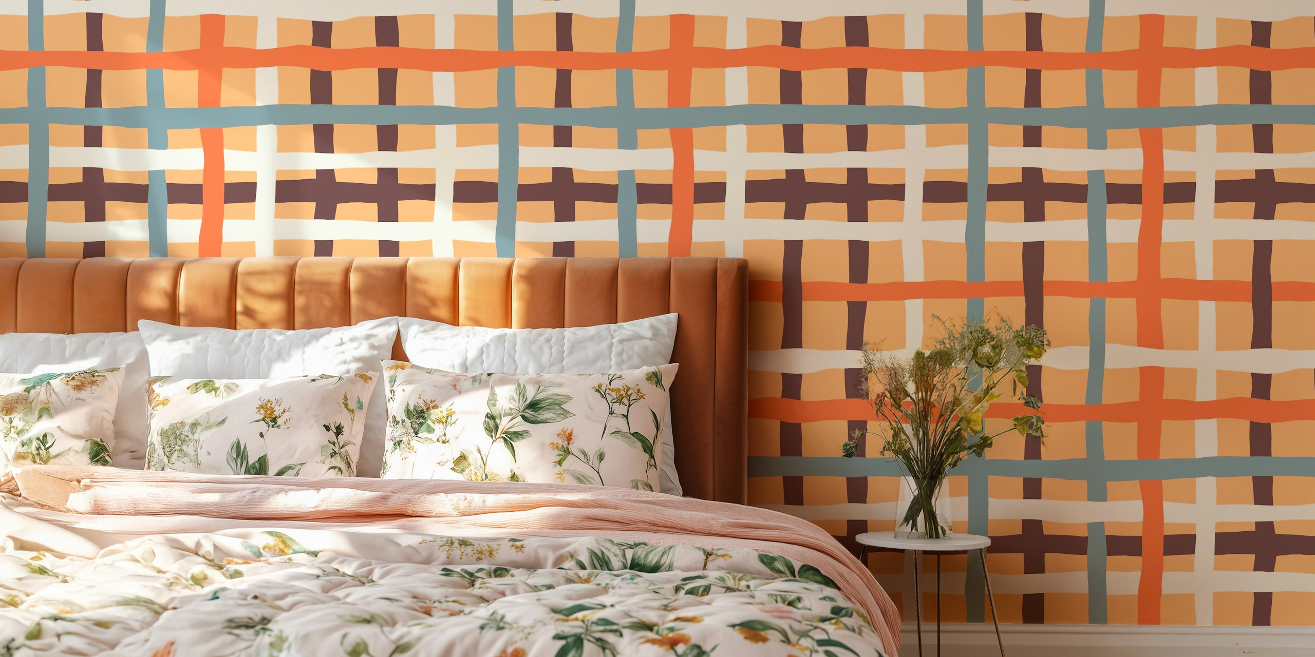 Wavy checkerboard pattern in soft orange, blue, and brown colors wallpaper