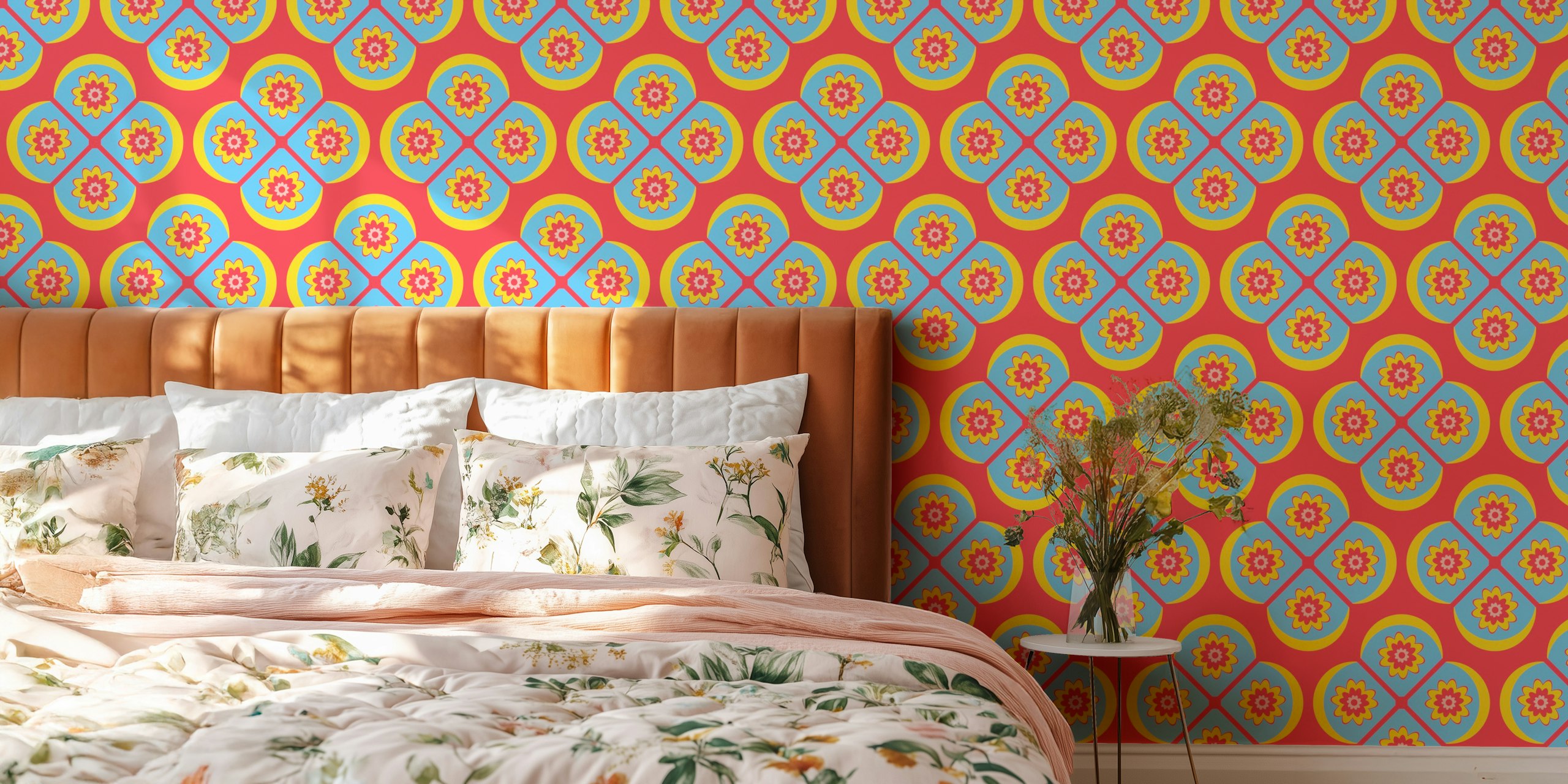 Colorful blue, yellow, and red floral geometric wallpaper