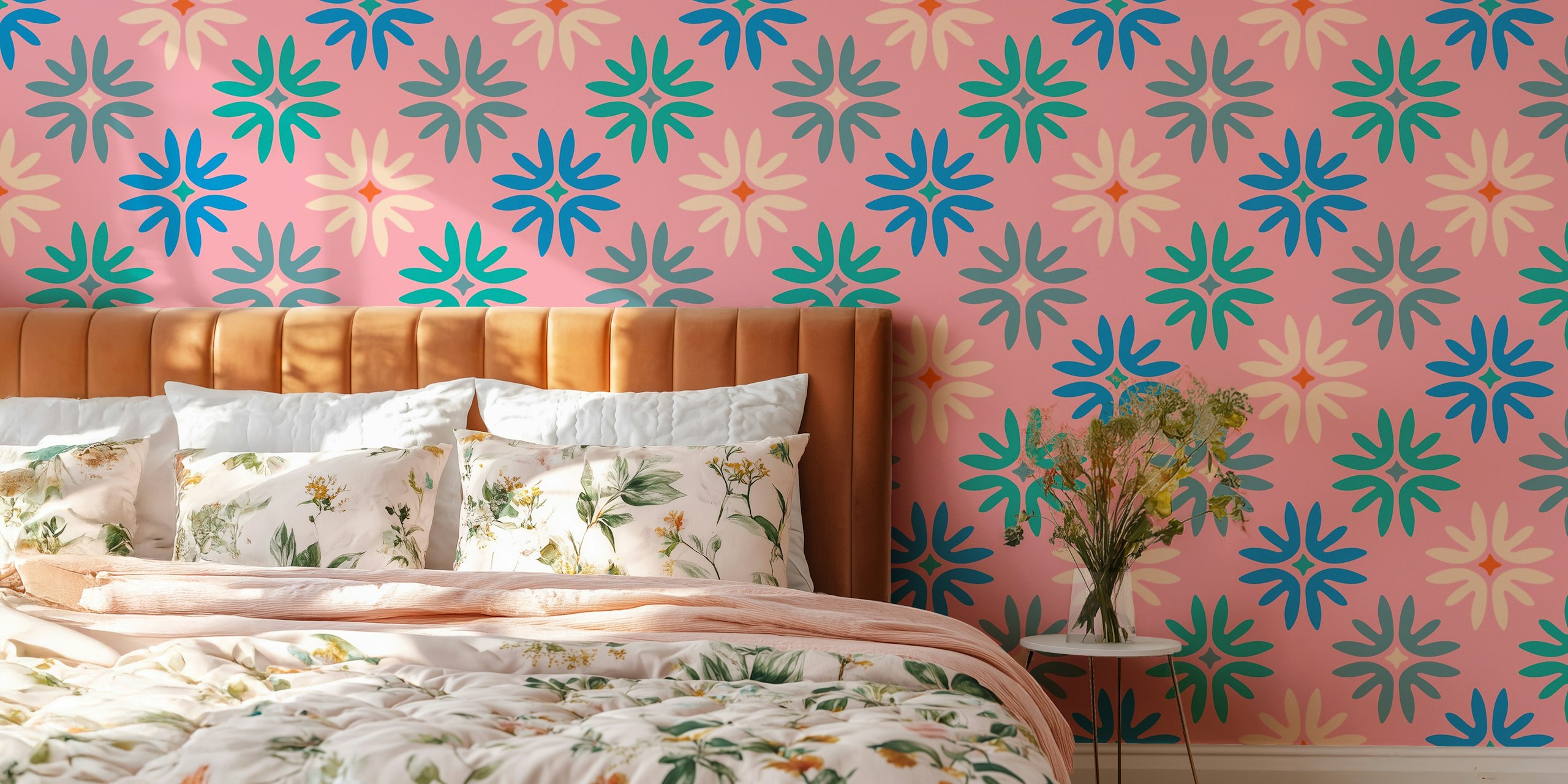 In Bloom Abstract Floral Retro Tile Pink Tapete