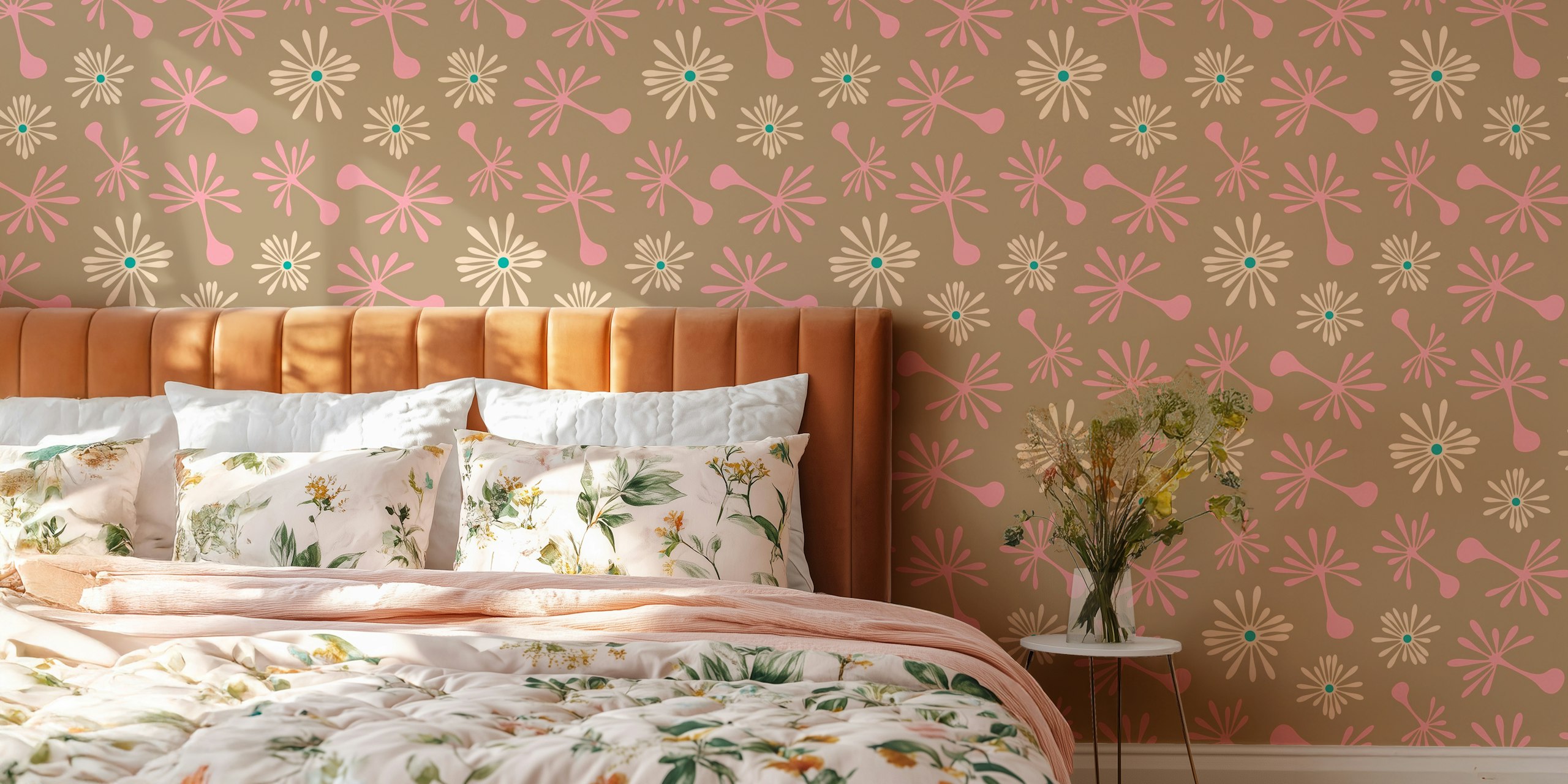 Blowing Dandelions Retro Mod Floral Beige tapetti huoneessa