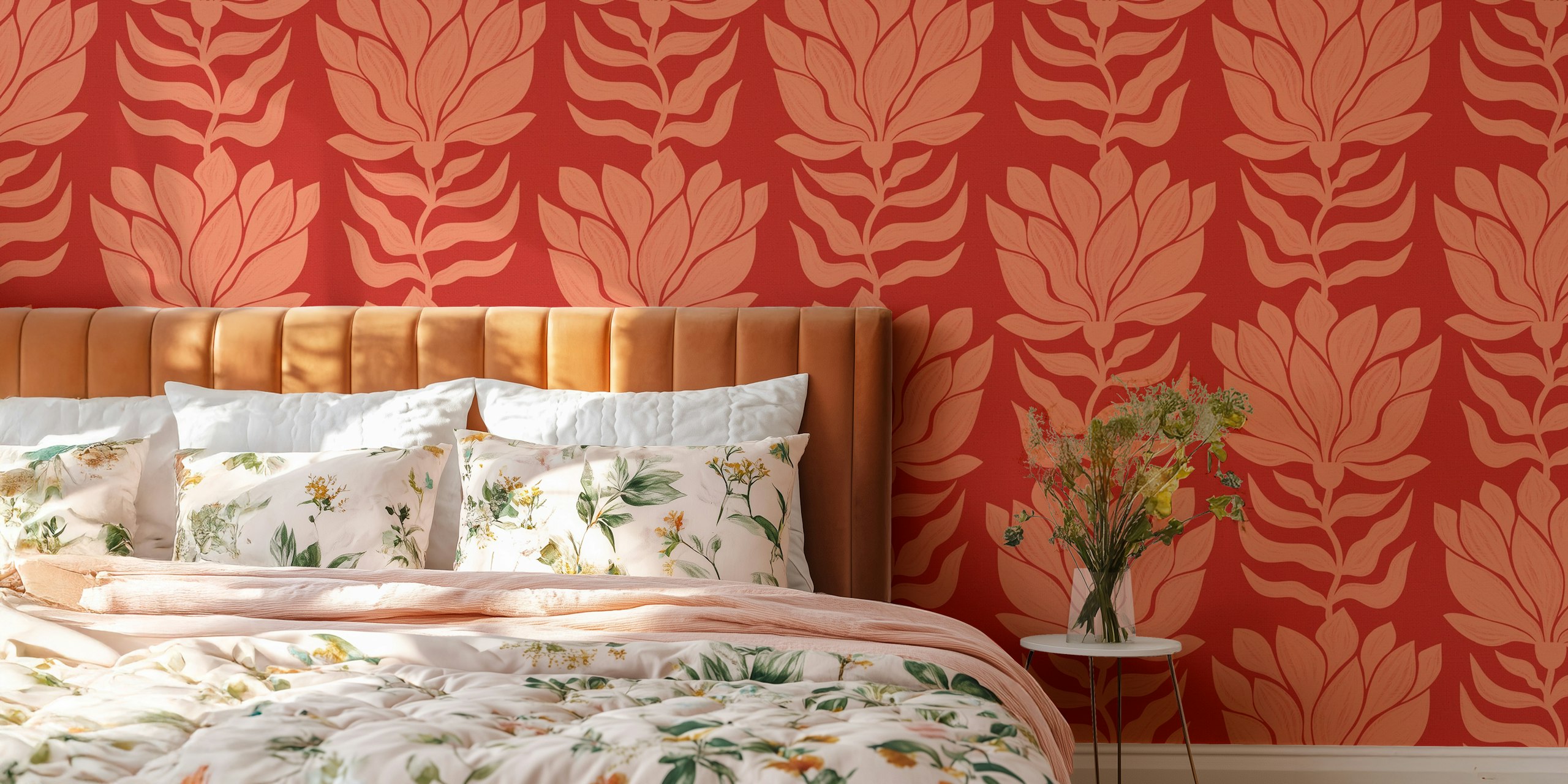 Red floral patterns with wavy leaves in a modern boho style wallpaper