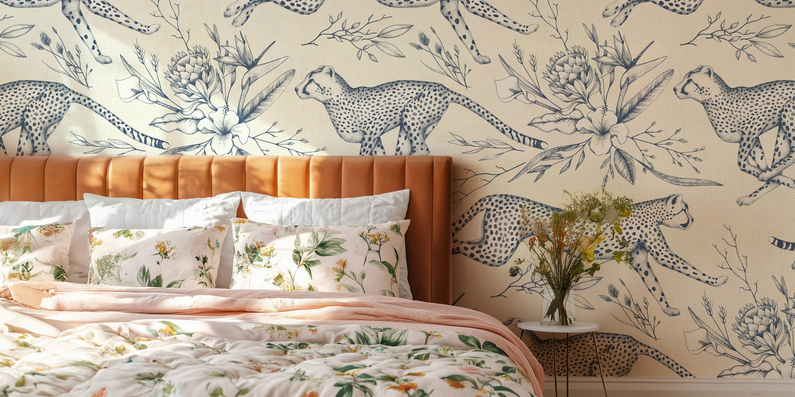 Safari Cheetah Toile wallpaper in a room