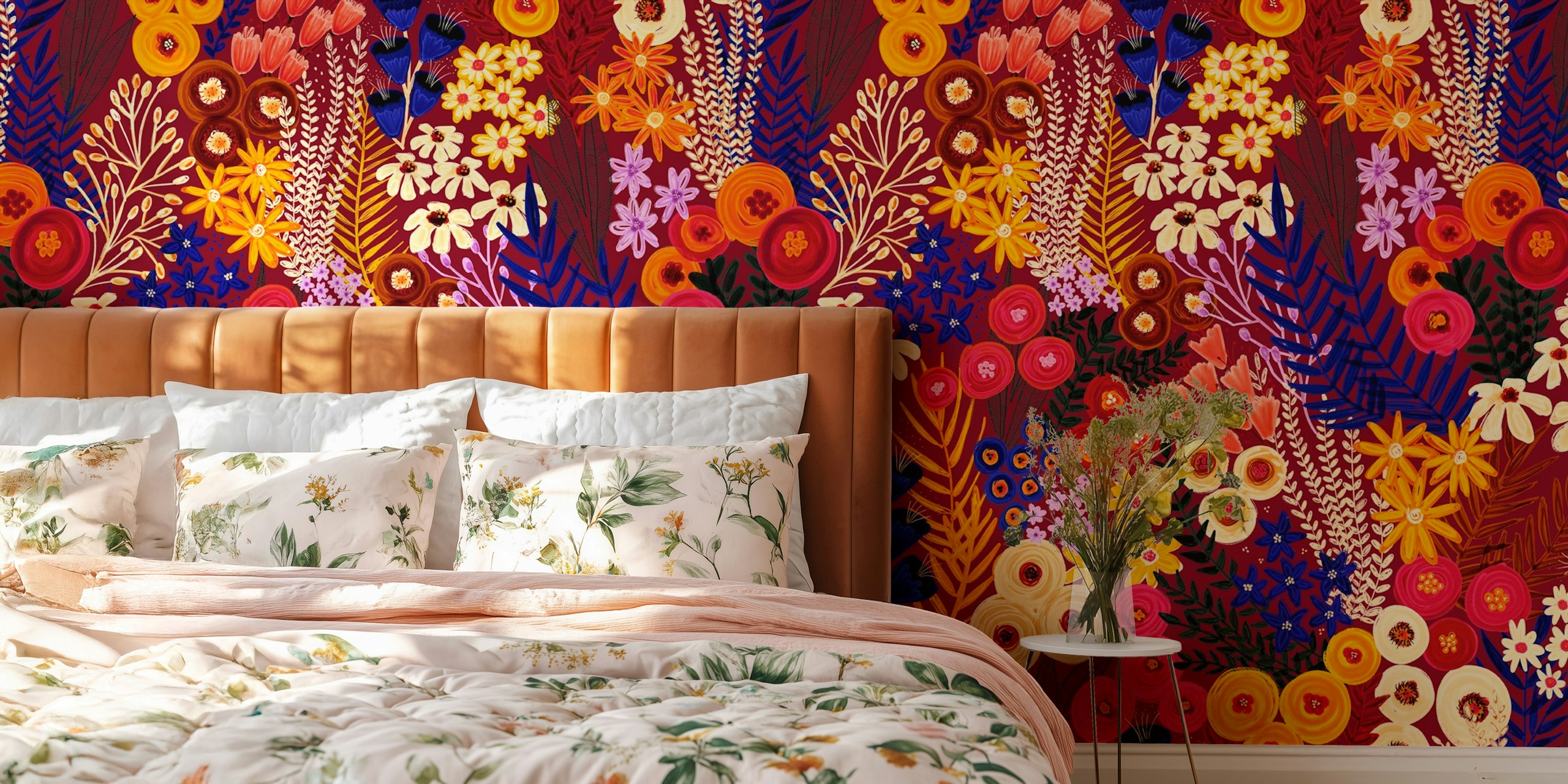 Colorful floral patterns with reds, yellows, and greens wallpaper
