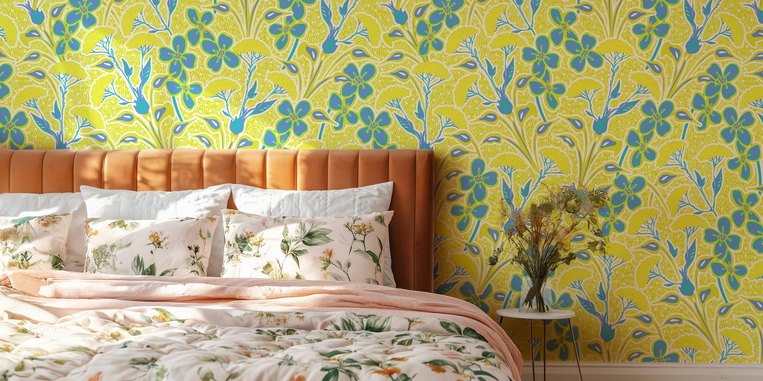 Floral meadow wallpaper displayed in a room
