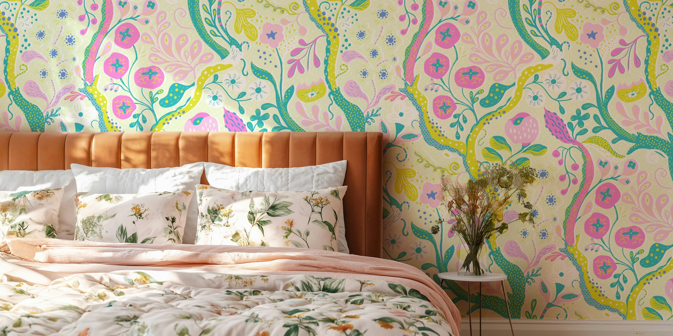 Colorful floral patterns in pink, green, and yellow on ecru wallpaper