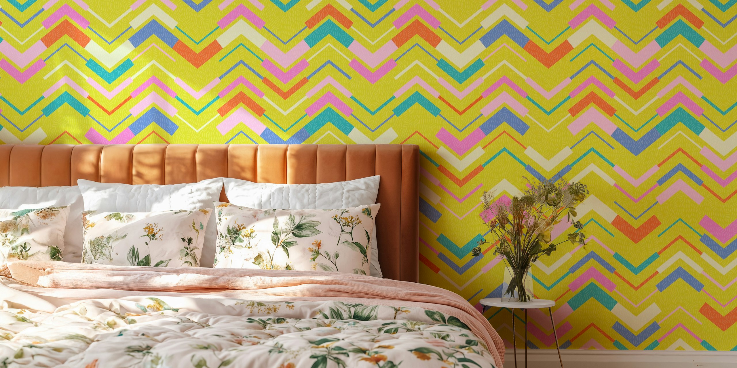 Colorful chevron stripe wallpaper in a room