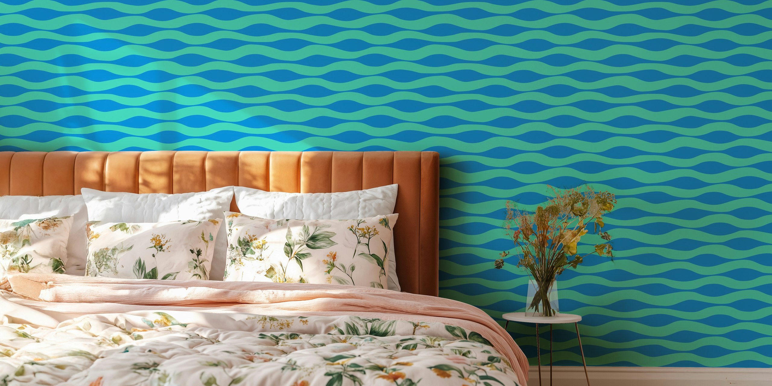 Turquoise and blue ripples wallpaper in a room