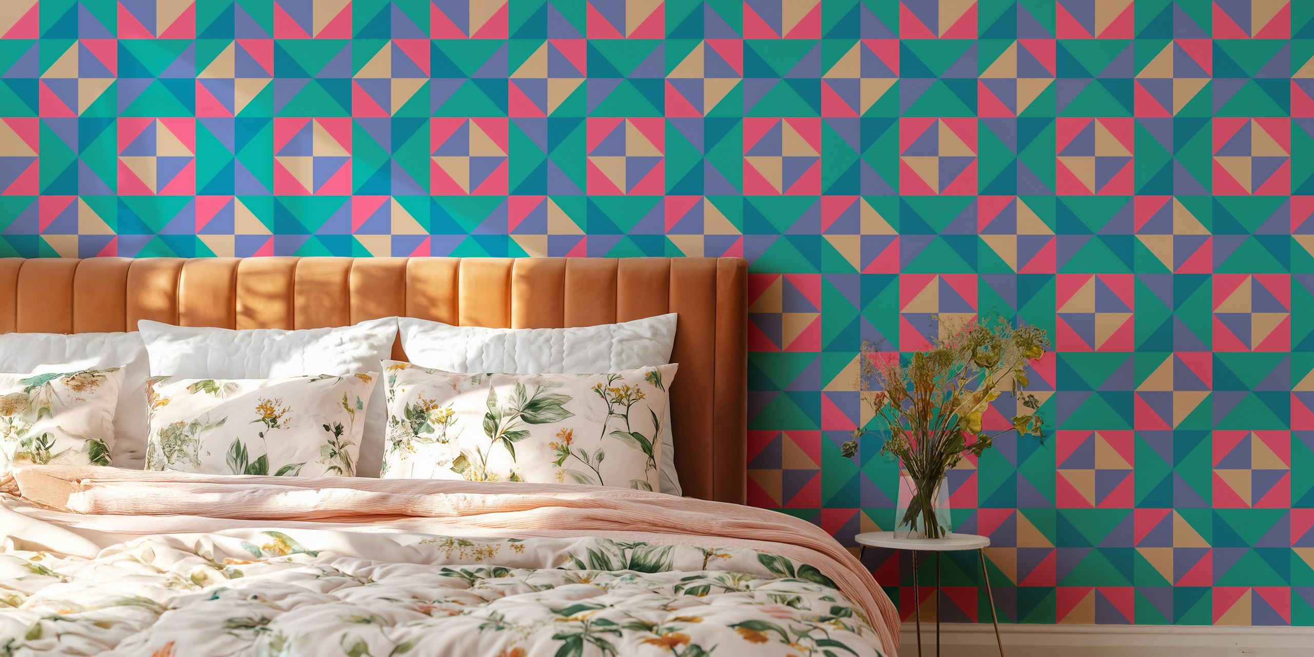 Geometric pattern in turquoise, pink, and beige colors wallpaper
