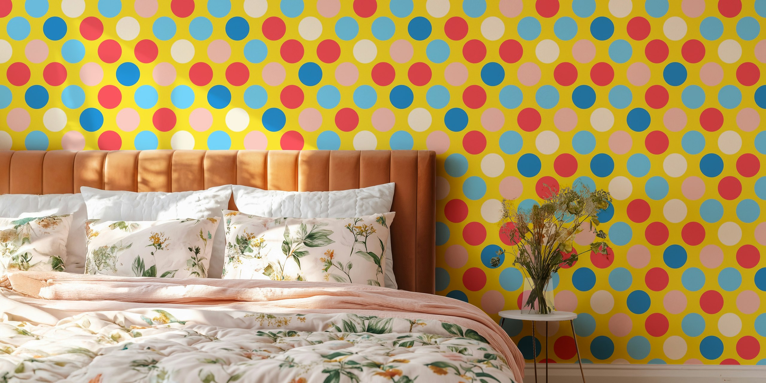Colorful polka dot wallpaper in a room
