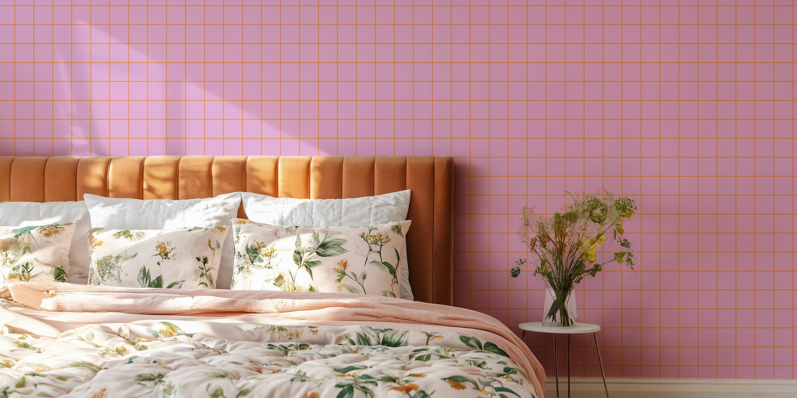 Geometric grid pattern wallpaper in pink and orange colors, modern design