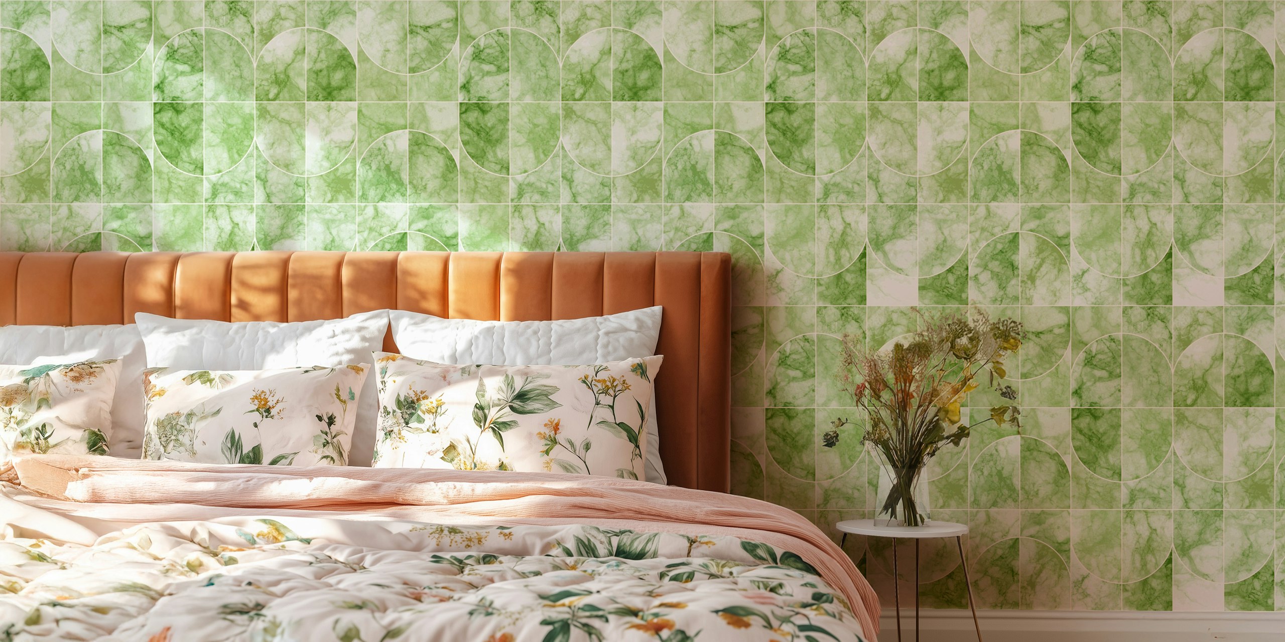 Marbled Geo Tiles Greenish wallpaper in a room