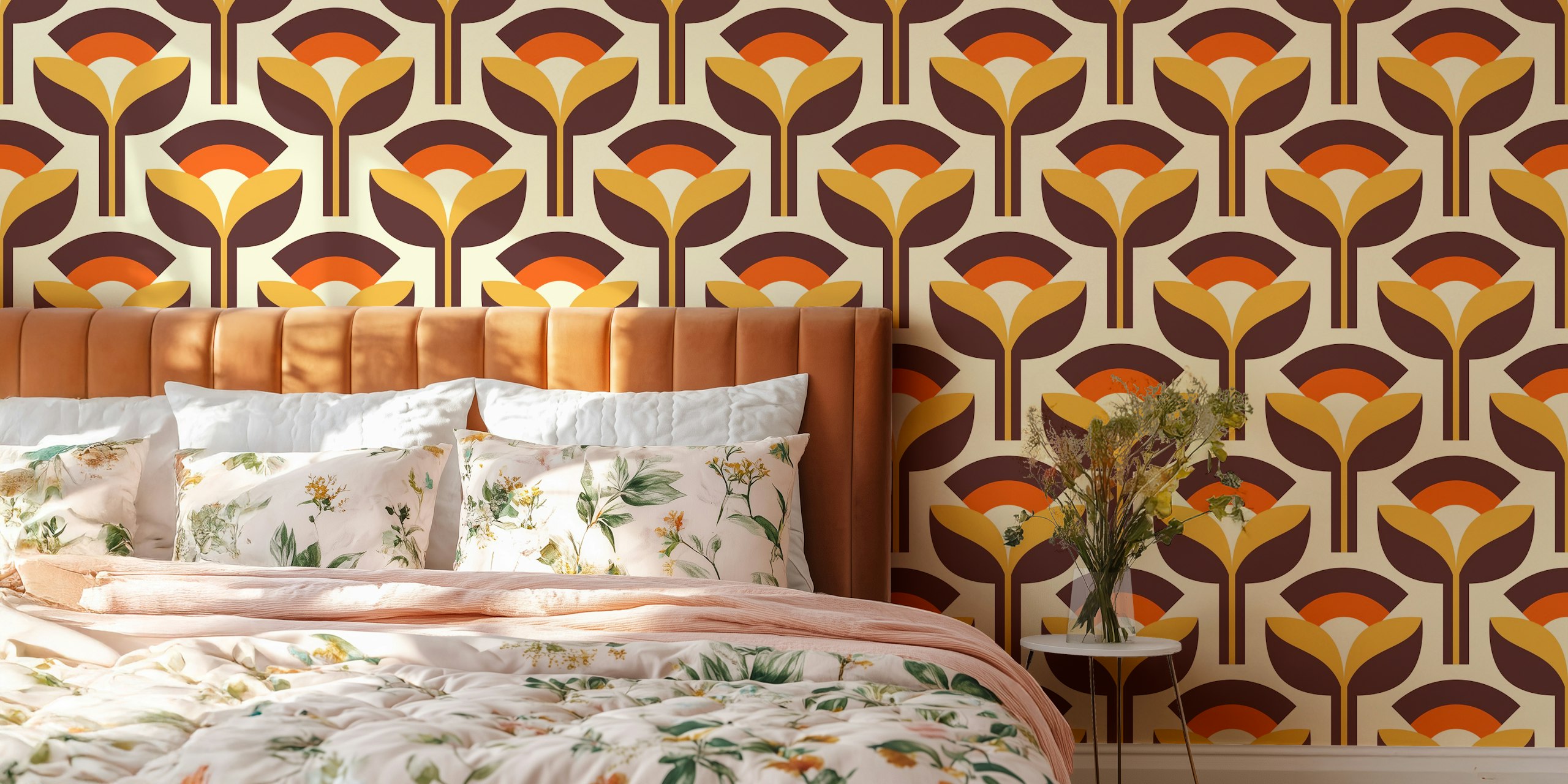 Geometric floral pattern in orange, brown, and yellow colors on cream background wallpaper