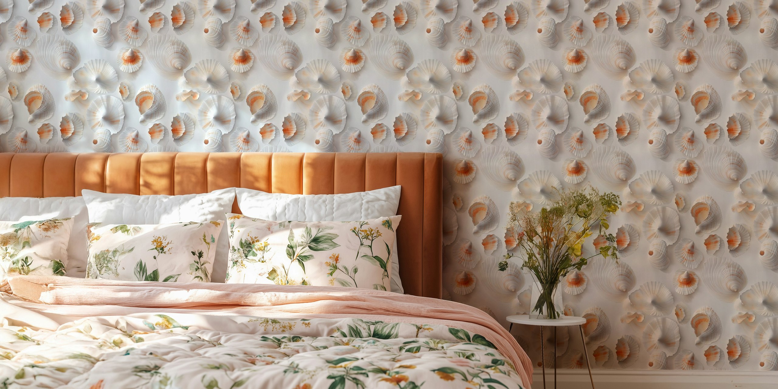 White sea shells with soft orange accents on a light background wallpaper
