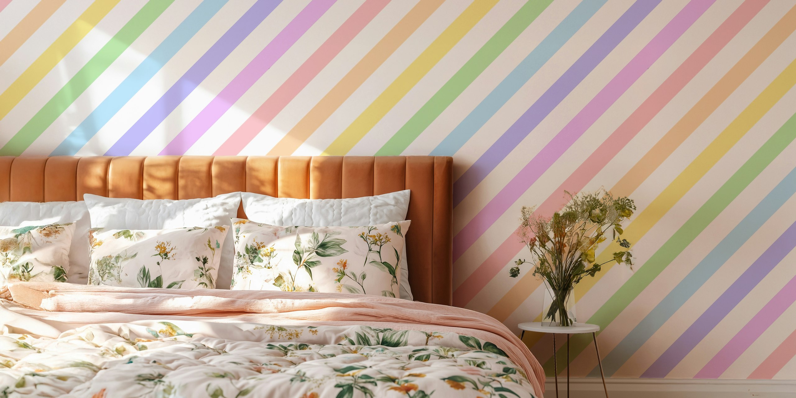 Papel de parede Diagonal Pastel Rainbow Stripes em um quarto