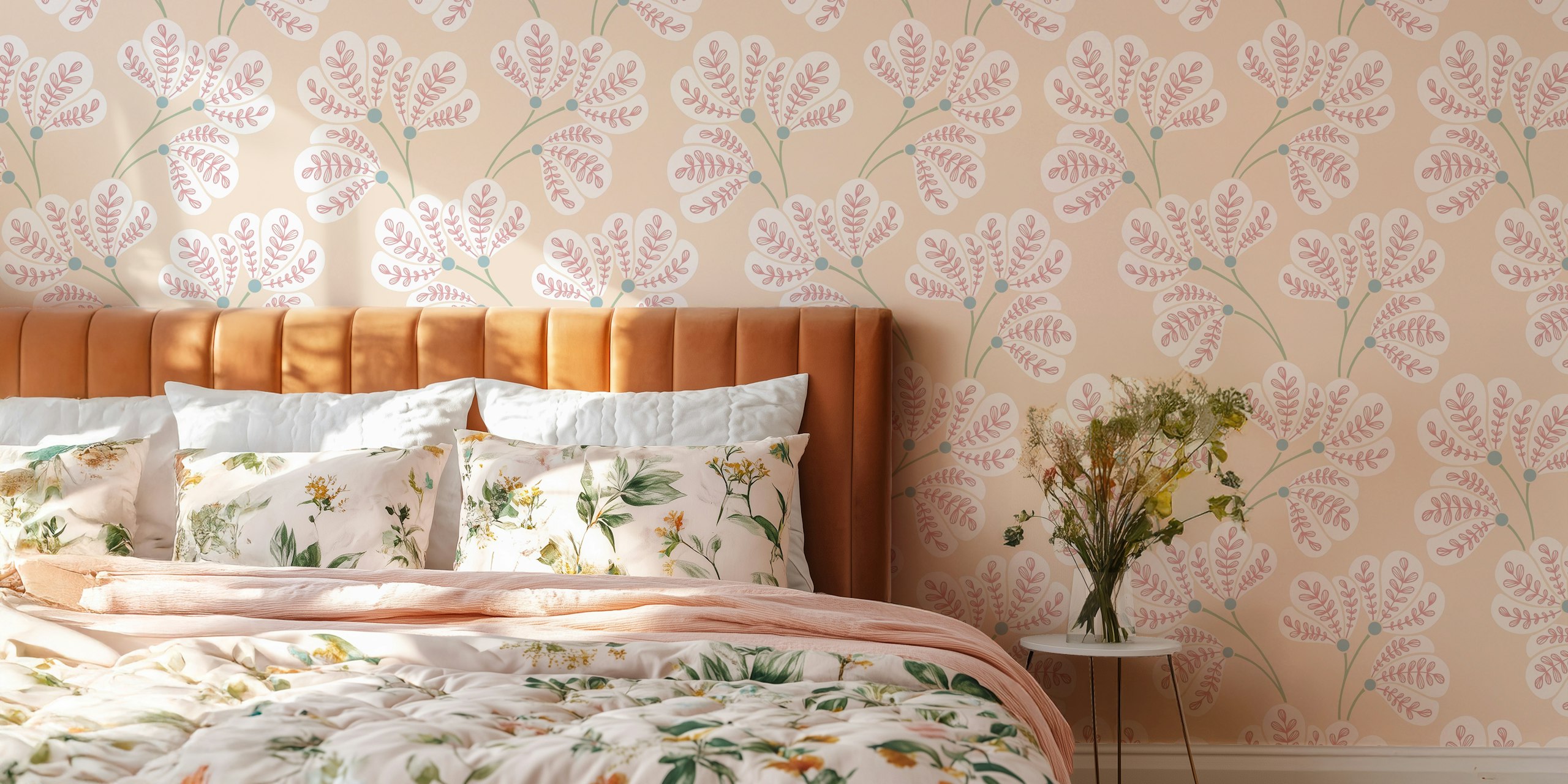 Olivia Folk Art Leaves wallpaper in een kamer