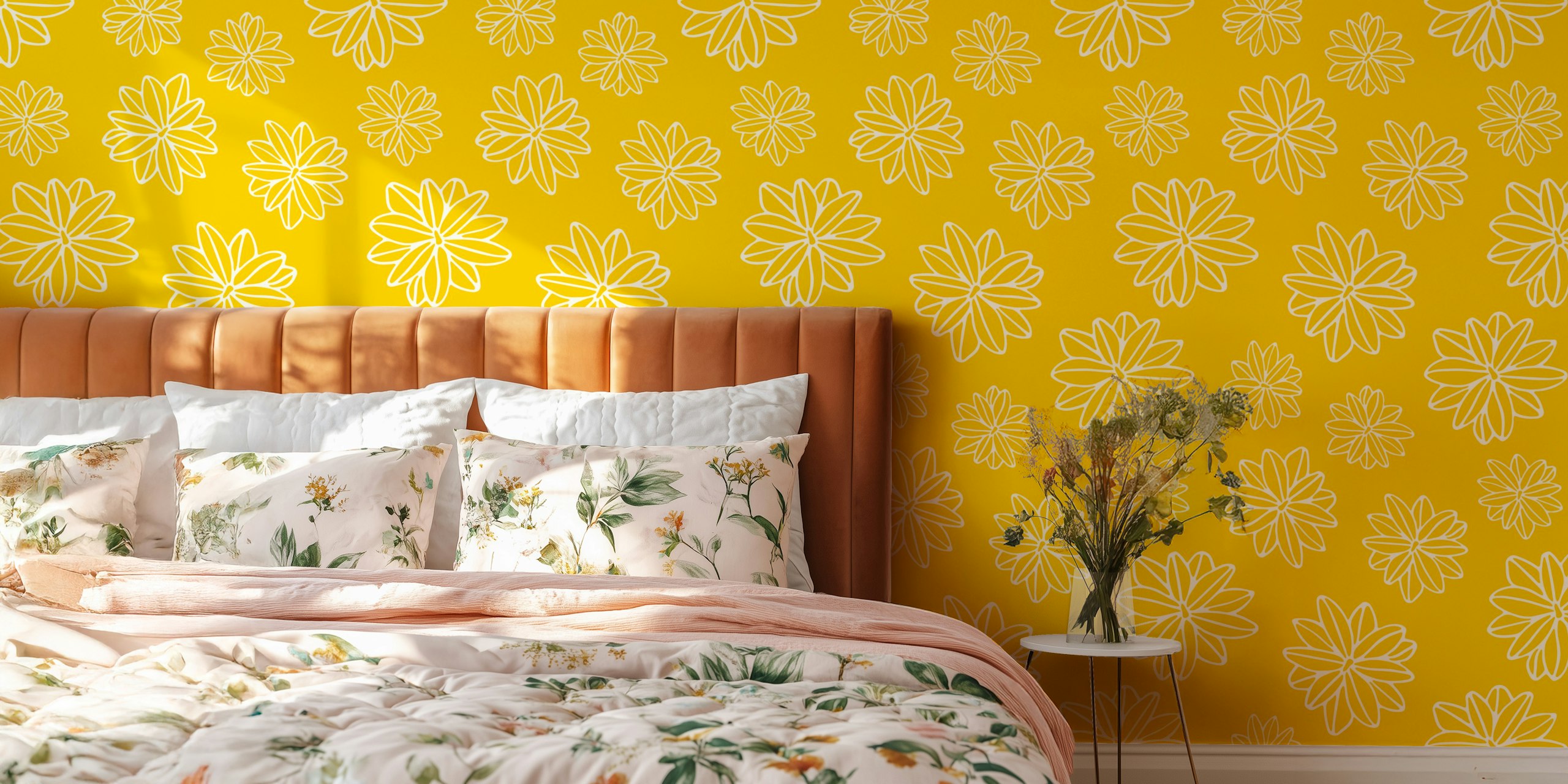 Yellow and white floral design wallpaper