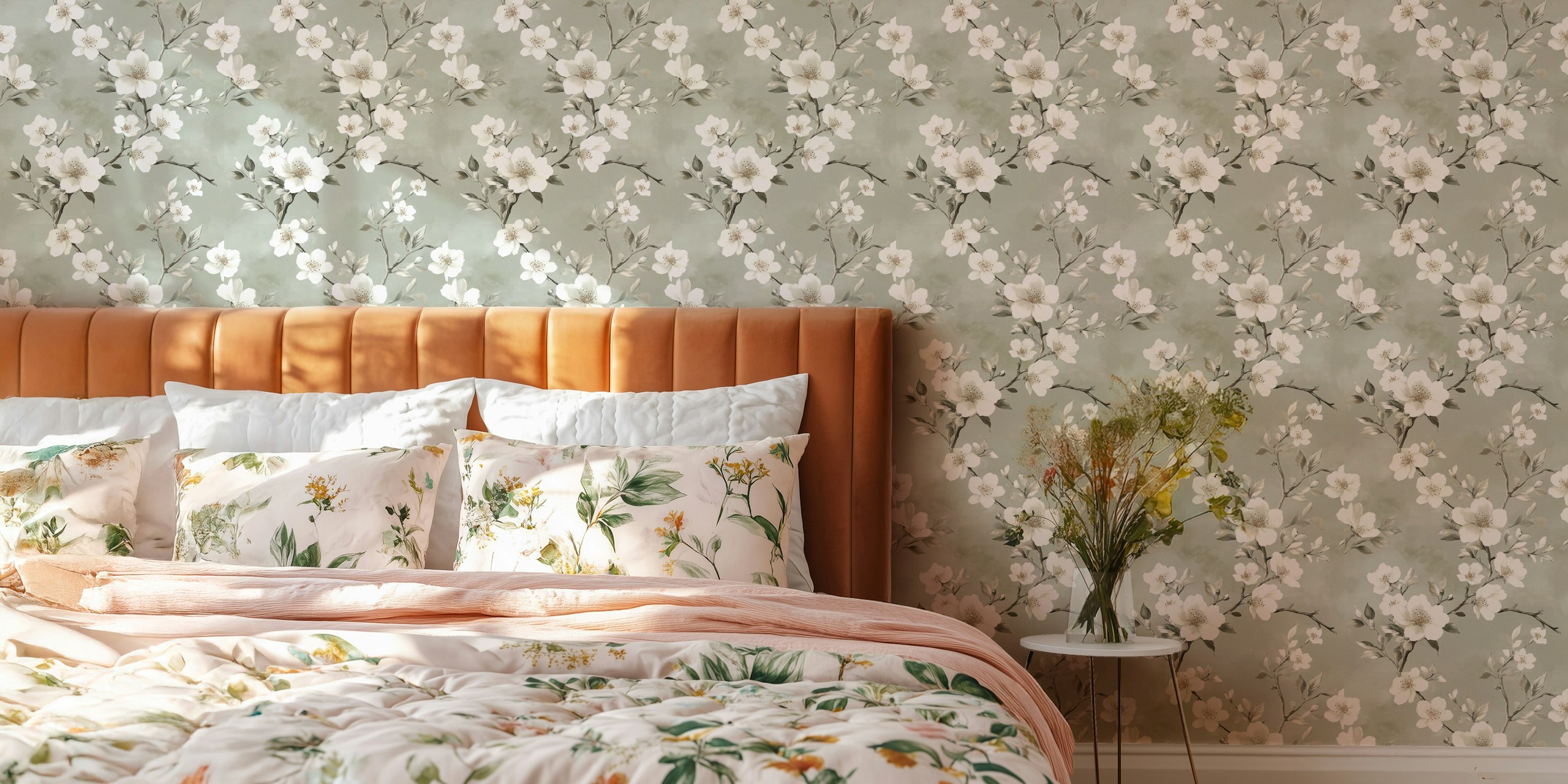 White floral pattern with green leaves wallpaper
