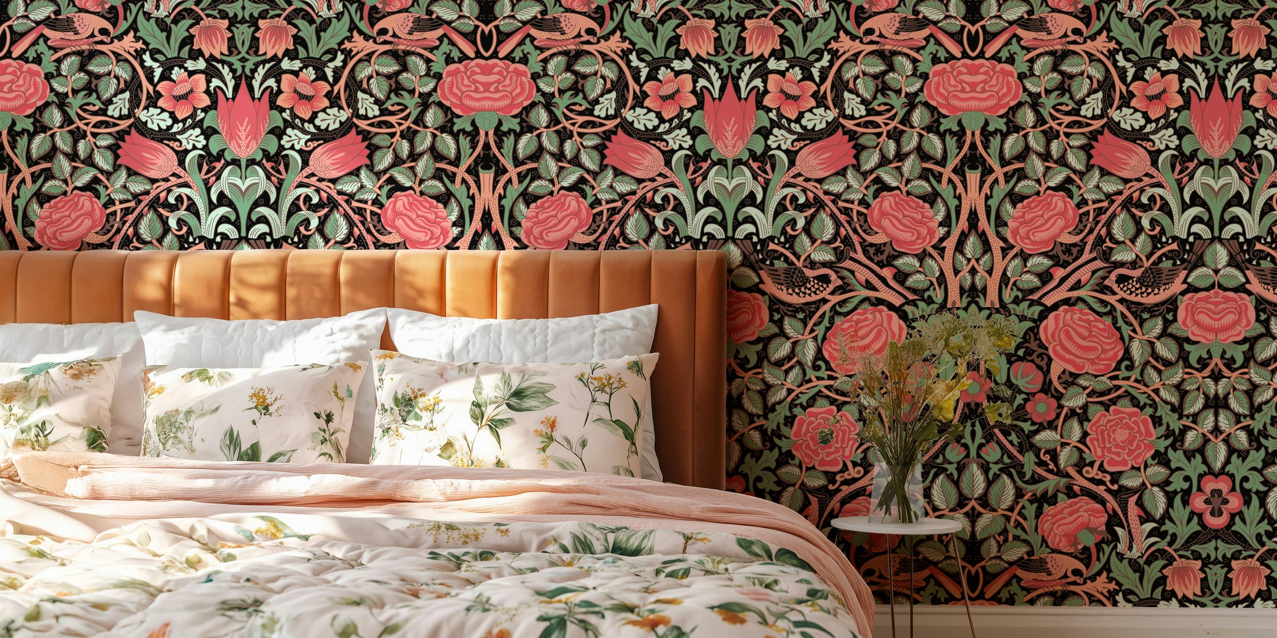 Victorian Rose 7 carta da parati floreale rossa e verde in una stanza